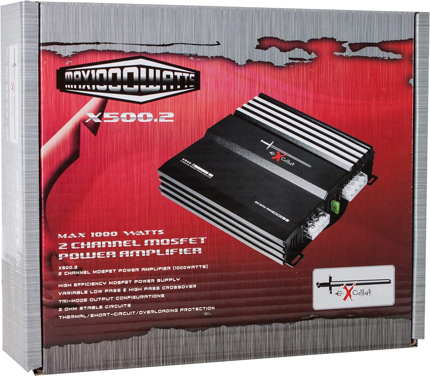 Excalibur X500.2 - Amplificatore Auto 2 Canali Hifi Stereo - 2x 500 Watt Mosfet Amplificatore audio con Bass Boost - 1000 Watt Massimo - Crossover variabile 2 Ohm