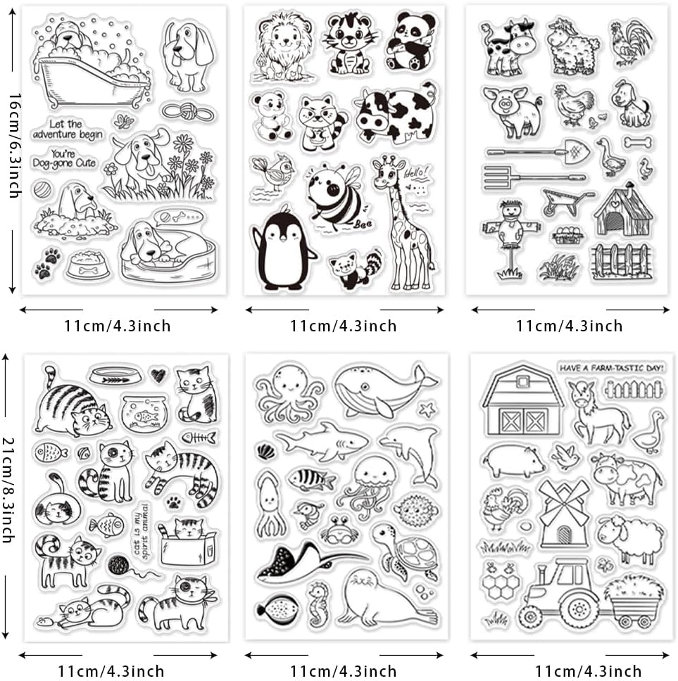 PH PandaHall 6 Sheets Animals Clear Stamps, Rubber Transparent Stamp Panda/Whale Puppy Cow Clear Craft Stamps for Card Making DIY Scrapbooking Album Crafting Journal Decoration