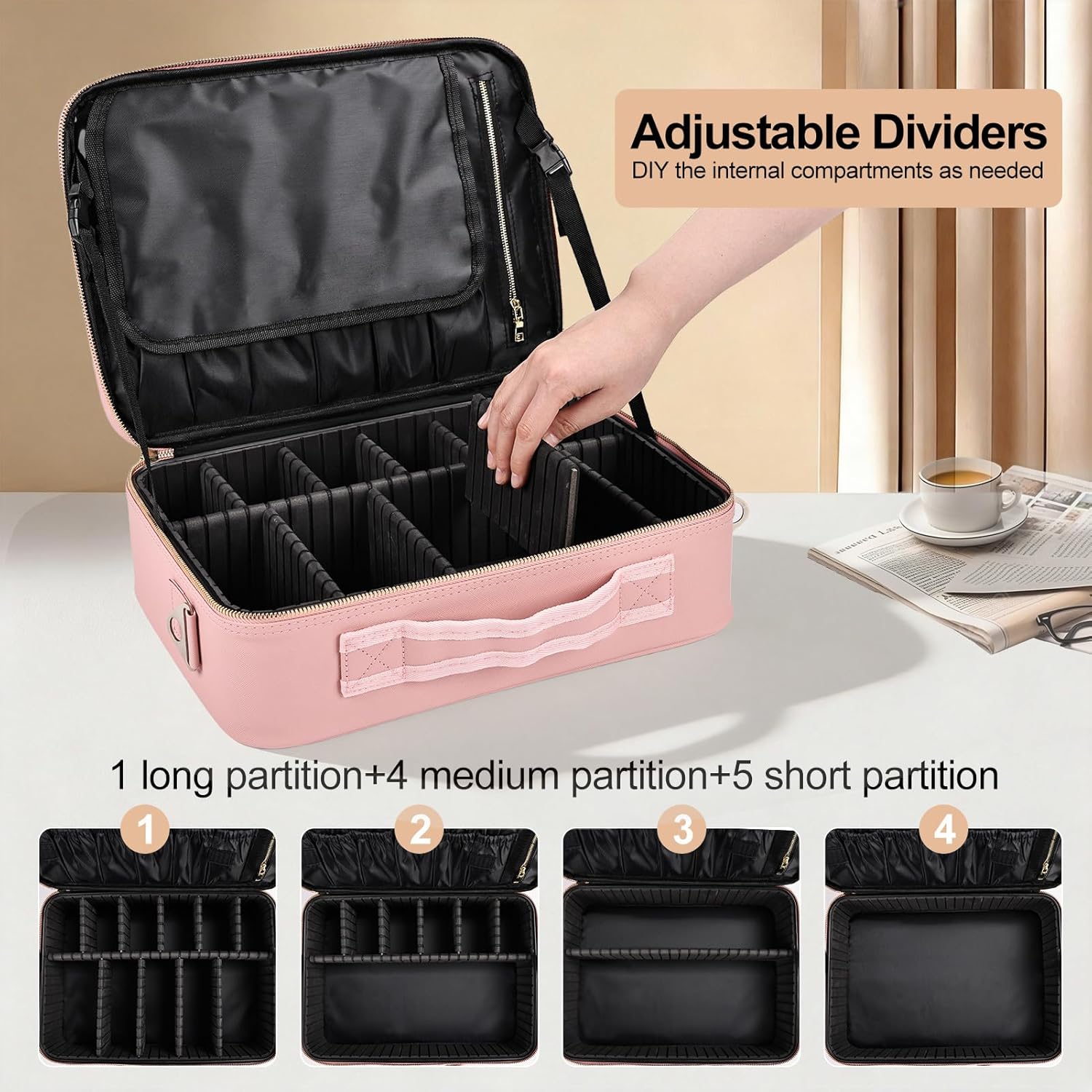 Large Travel Makeup Case, Professional Makeup Train Case Organizer for Women, Cosmetic Brush Bag Holder Waterproof Makeup Artist Storage Box with Adjustable Dividers and Shoulder Strap, Leather Pink
