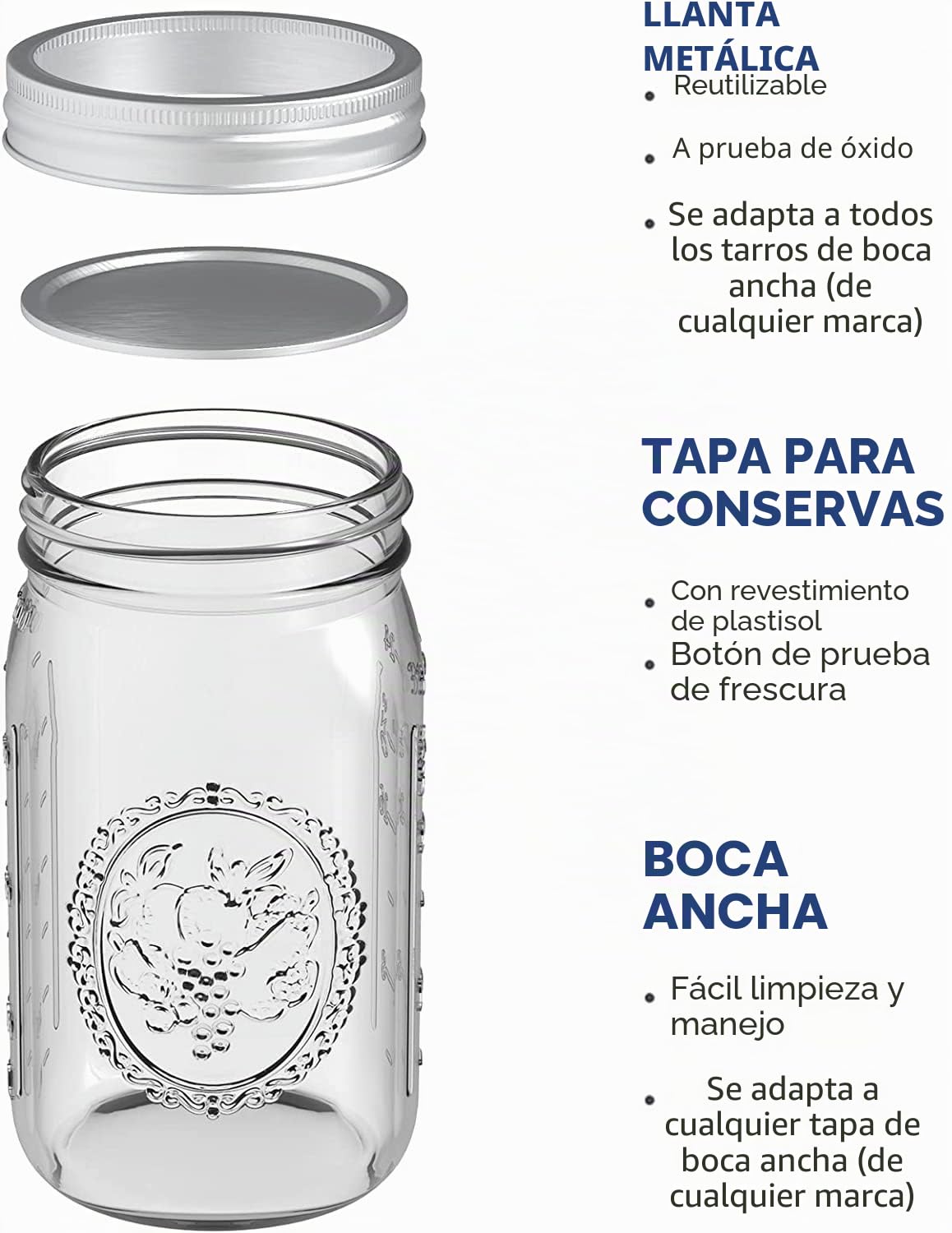 Tebery Paquete de 6 tarros de vidrio transparente de 32 onzas, tarros Mason de 1 litro, tarros de conservas de boca ancha con tapas para beber, comer, avena durante la noche
