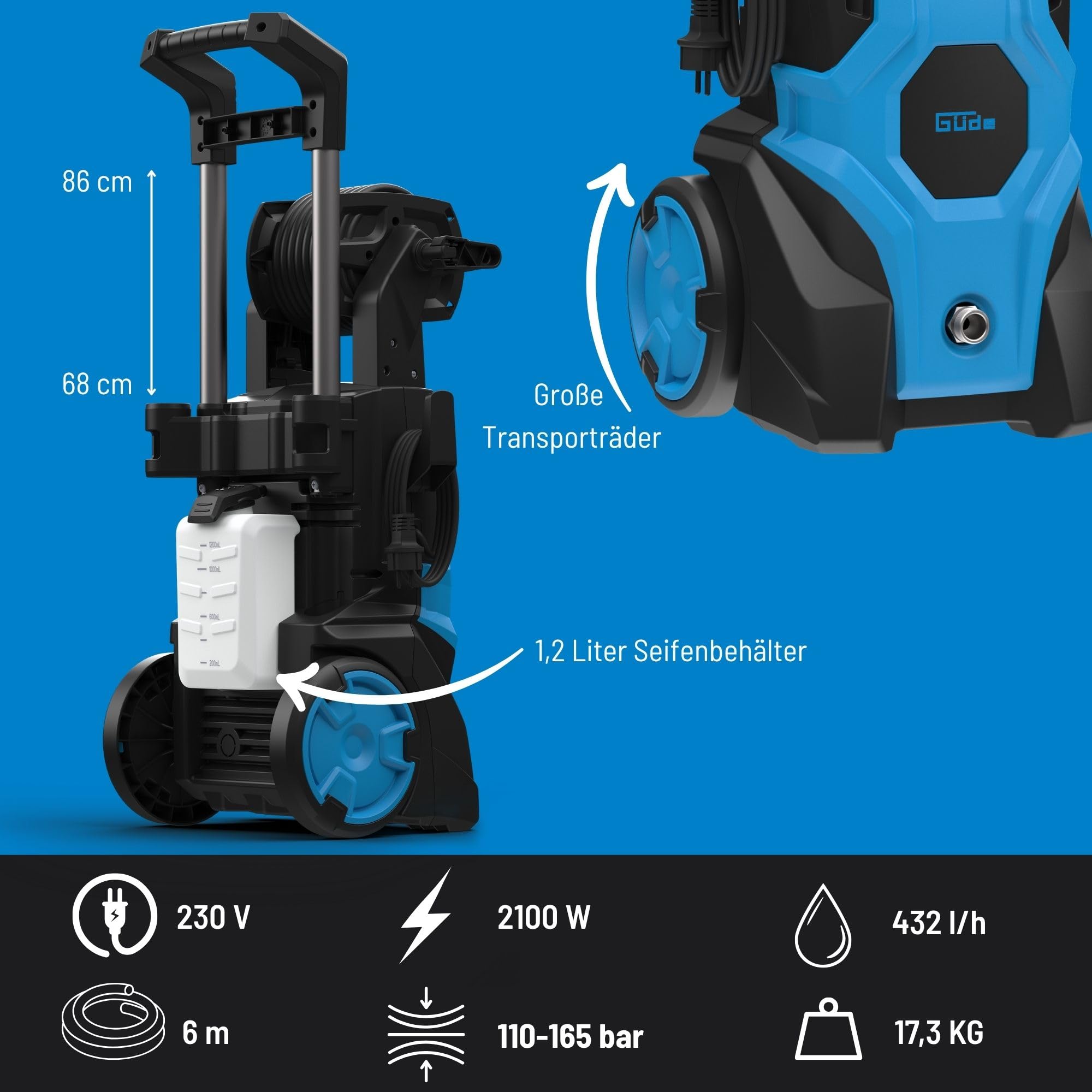 Güde Rondella ad alta pressione GHD 2100-165 (230 V, 2100 W, pressione massima 165 bar, 432 l/h max. trasportatore, tubo HD da 6 m su avvolgitubo, pistola ad alta definizione con variolanza, spazzola,