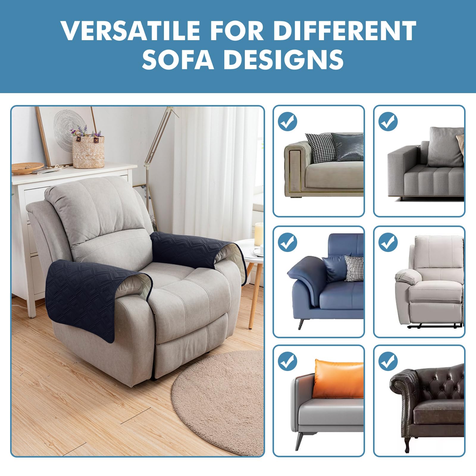 Genina Set di 2 copribraccioli 100% impermeabili, per divano, poltrona, antiscivolo, per animali domestici e cani (blu navy)