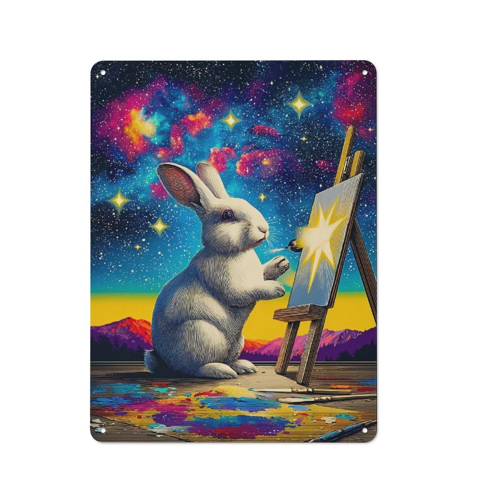 Junmoney Rabbit Painting Starry Sky-1 Tin Wall Plaque 40X30cm With For Café Or Restaurant, Suited To Restaurant Decor Fans