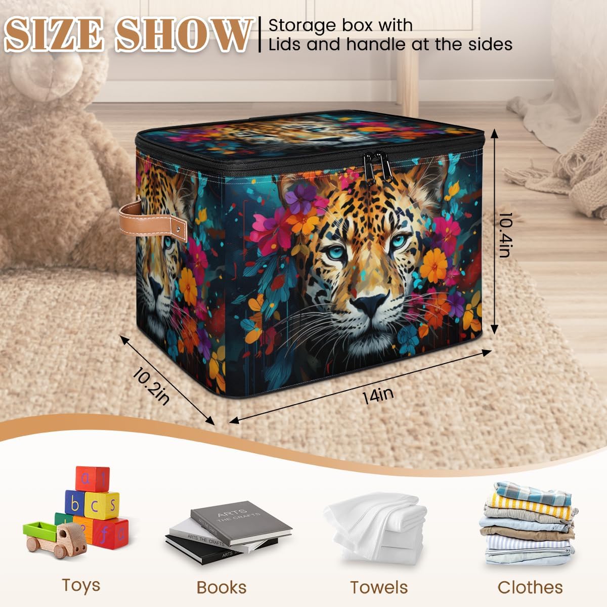Storage Bin Set of 2 Colorful Flower Tiger Storage Basket with Zipper Lid & Handle Foldable Closet Shelf 2 Pack Cloth Organizer Basket Cube Bins Clothes Organizer for Bedroom, Nursery
