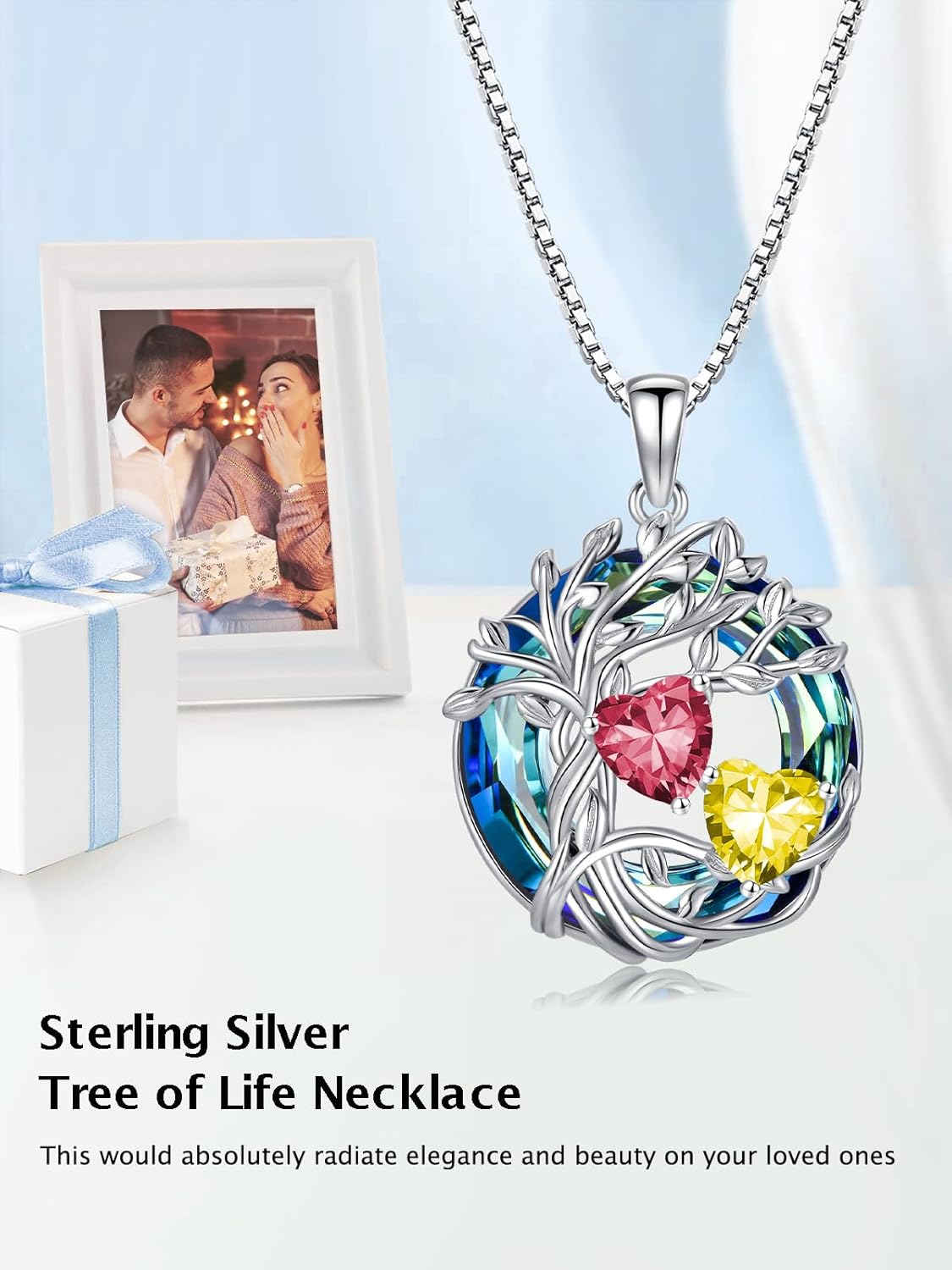 TOUPOP s925 Sterling Silver Family Celtic Tree of Life Pendant Necklaces with 2 Heart Birthstone with Blue Austrian Crystal Jewelry Birthday Valentines Day Gifts for Her, Anniversary Christmas Gifts for Wife Girlfriend Mom (18K Real White Gold Filled) - Image 2