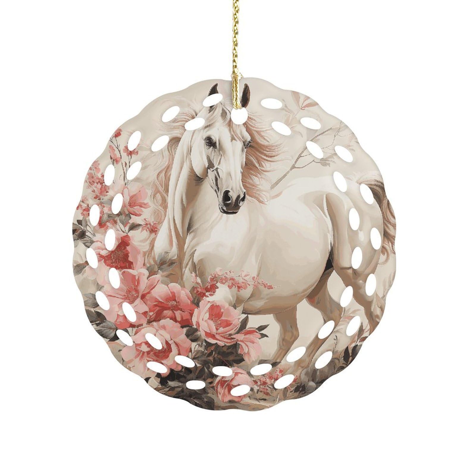 Btcowzrv Style Horse Image Ceramic Ornament,Round Ornaments With Hole Easy To Hang,Hanging Ornament For Wedding Party Home Window Garden Christmas Day Decor