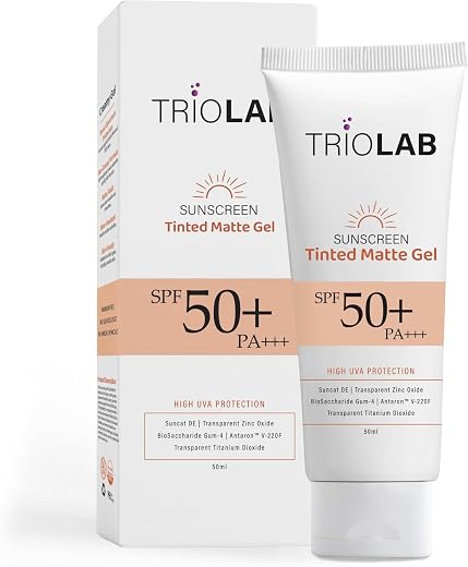 TRIOLAB Tinted Matte Gel Sunscreen SPF 50+ PA+++ for Oily &amp; Sensitive Skin | Ultra Lightweight, Non-Greasy, No White Cast...