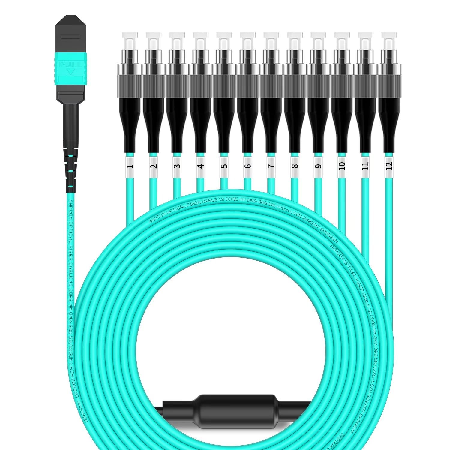 AMPCOM MPO to FC Breakout Cable 50/125μm Multimode OM3-300(12 Fiber, MPO to FC, Type B, LSZH/Riser, UPC, Aqua) 3m (9ft)