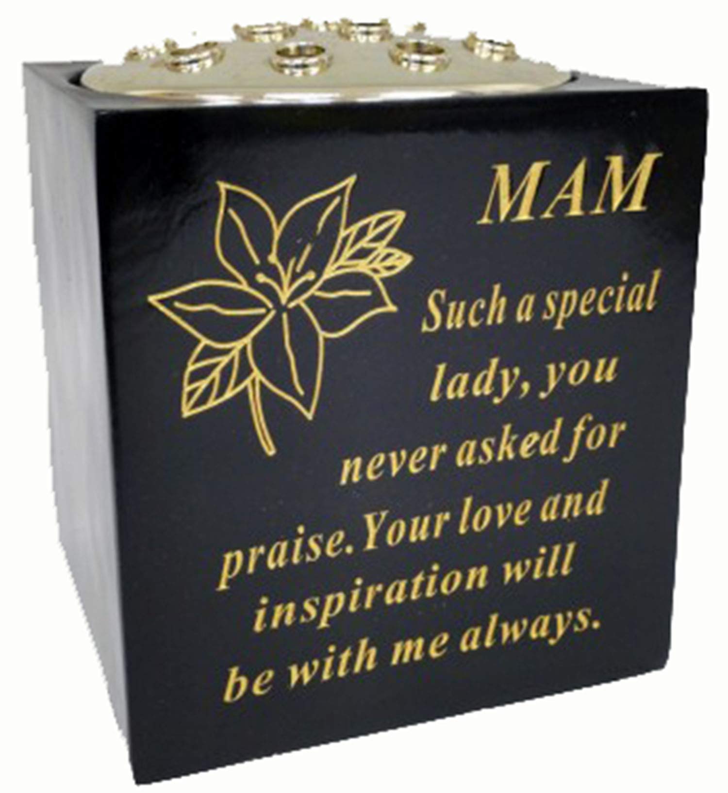 David Fischhoff Mam Memorial Black Rose Bowl With Gold Wording Graveside Flower Vase (Black & Gold - Lily, )