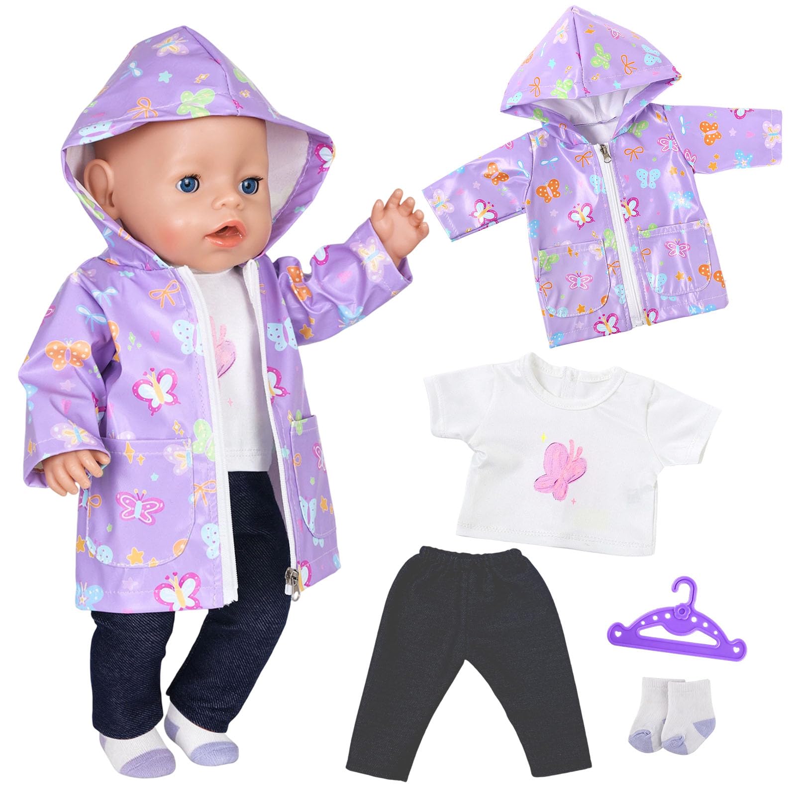 5 Pcs Baby Doll Clothes for 14-17 Inch Newborn Baby Doll, Purple Butterfly Dolls Clothes with Rain Jacket Trousers Short-sleeved Top Hangers Socks for 35-43cm Doll Baby Doll Accessories Gifts Children