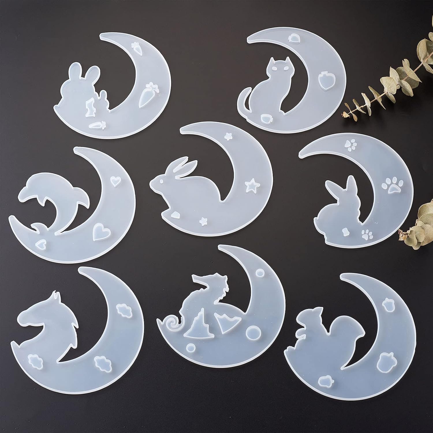 Fashewelry 8Pcs Crescents Moon Resin Silicone Molds Epoxy Casting Molds Set Moon with Sea Horse/Rabbit/Cat/Dolphin/Squirrel/Horse Head Resin Moulds for DIY Epoxy UV Resin Crafts Home Decoration