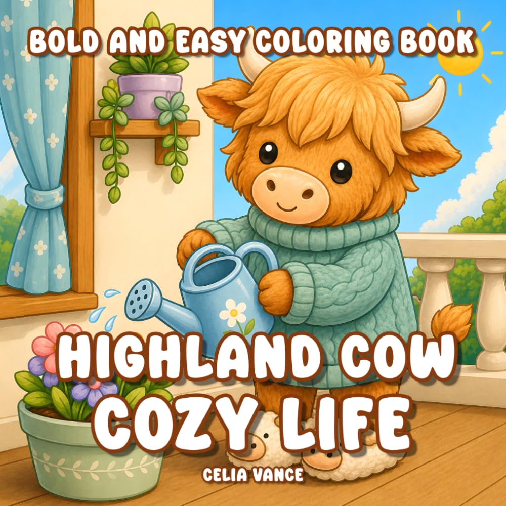 Highland Cow Cozy Life Bold and Easy Coloring Book: Kawaii Scottish Cows Designs for Kids and Teens