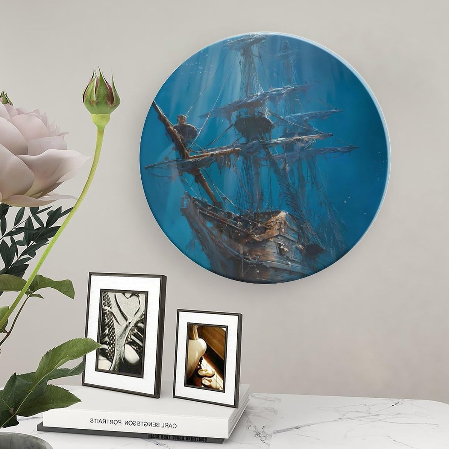 Deep Sea Shipwreck Ancient Pirates Ship Decorative Plates for Display Ceramic Plate Tray with Stand Hanger Home Decor