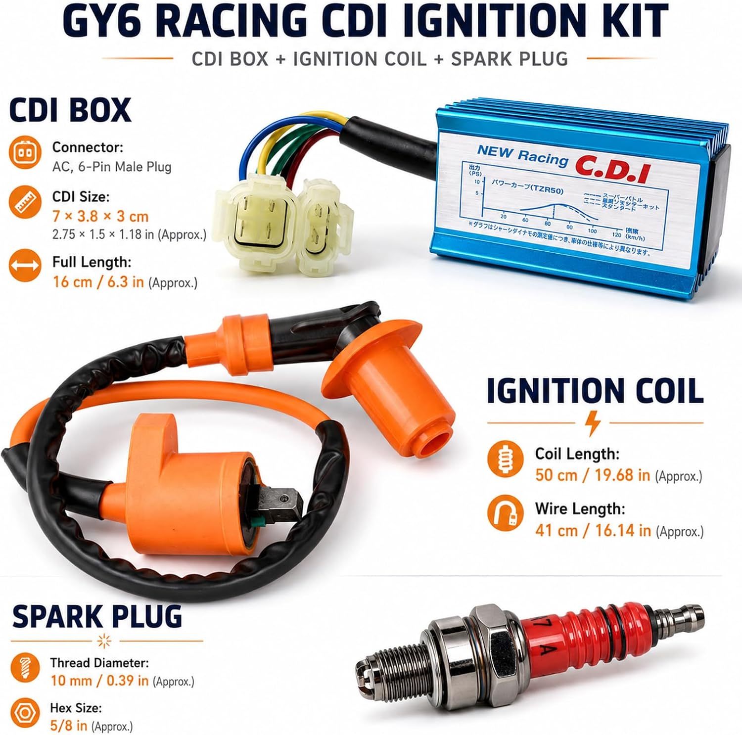 High Performance Racing GY6 Ignition Coil 6 Pin AC CDI Box +3 Electrode Spark Plug Kit for 50cc 125cc 150cc Moped Scooter ATV Go Kart