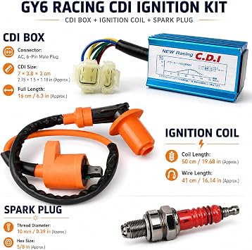 High Performance Racing GY6 Ignition Coil 6 Pin AC CDI Box +3 Electrode Spark Plug Kit for 50cc 125cc 150cc Moped Scooter ATV Go Kart
