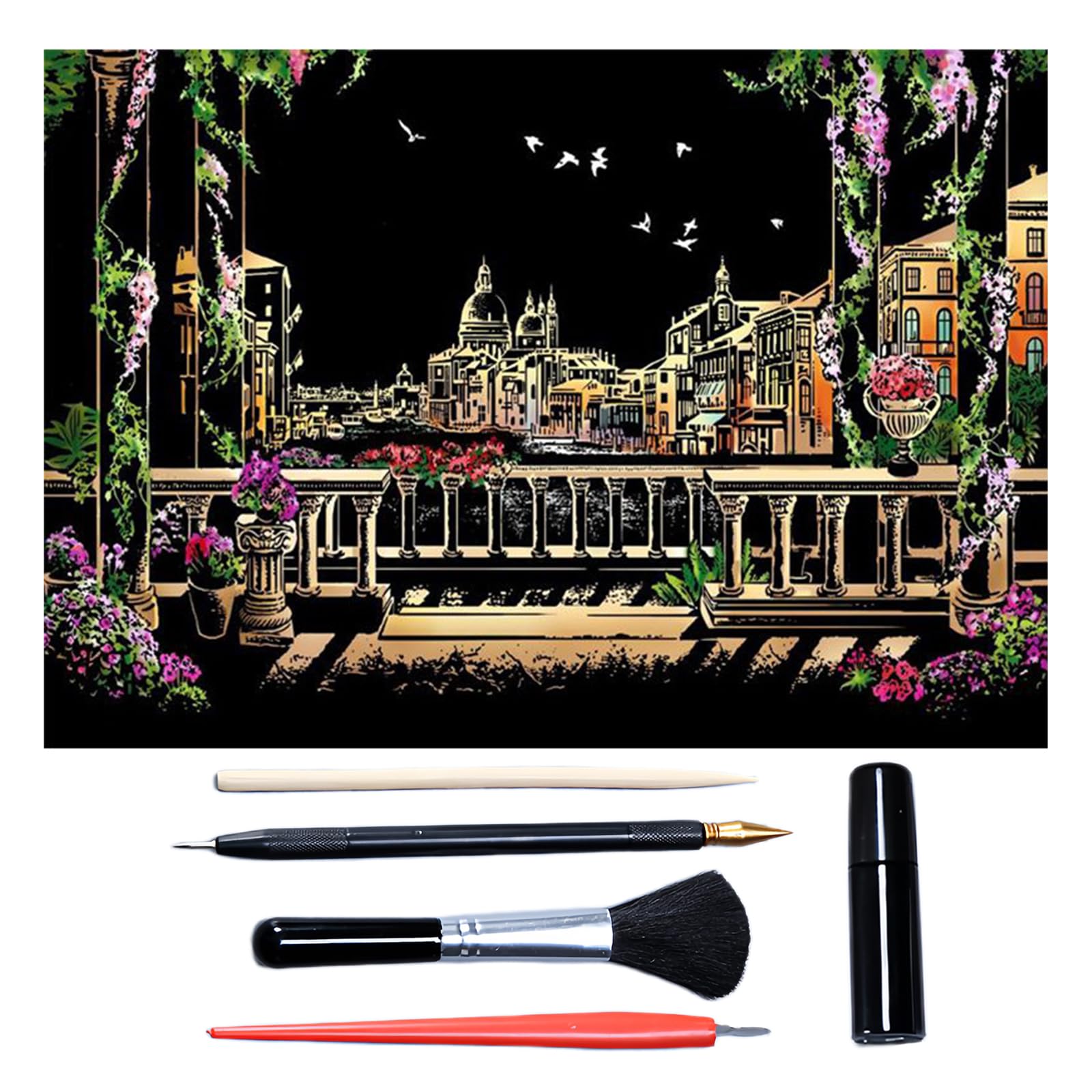 Scratch Art for Adults & Teens, Paint by Scratch 16 X 11.2 Inches, Scratch Off Paper Painting, Scratchart Kit Ornaments, Colorful Sketches Rainbow Scratch Art (Venice)