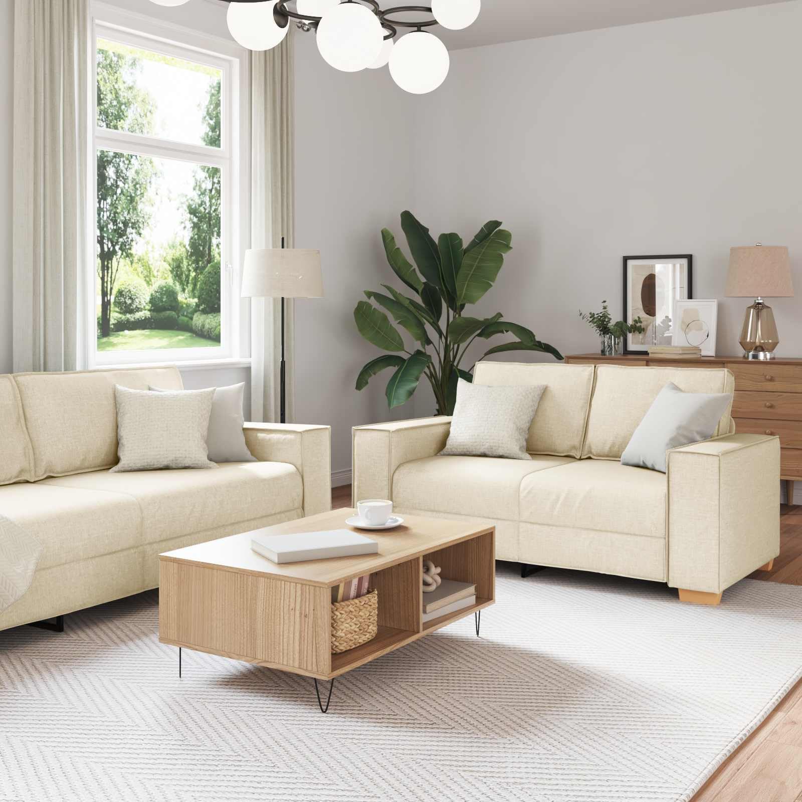 Juego de sofá de 2 piezas, color beige, moderno sofá de mezcla de lino, sofá tapizado de 3 plazas y 2 plazas para salón, marco de metal estable, acolchado cómodo