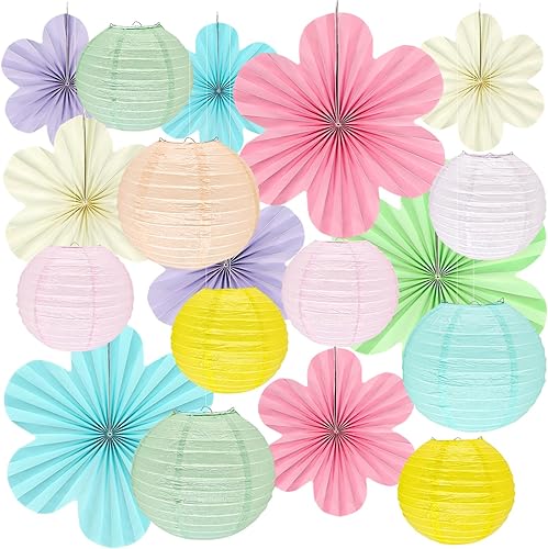 Juego de 18 piezas de decoración de aula en colores pastel, faroles de papel pastel, abanicos de flores de papel para mujeres y niñas, primavera,