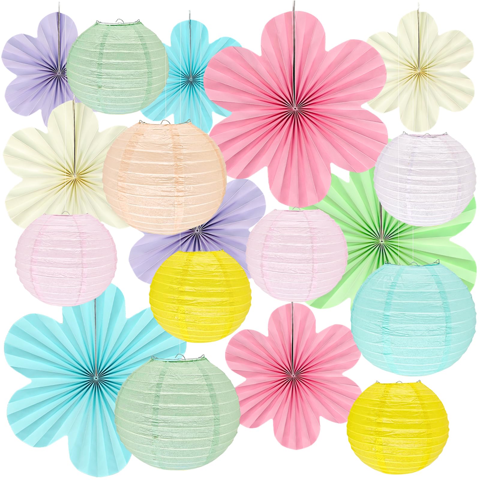 18Pcs Pastel Classroom Decor Kit, Pastel Paper Lanterns Paper Flowers Fans for Women Girls Spring Birthday Wall Baby Shower Wedding Party Rainbow