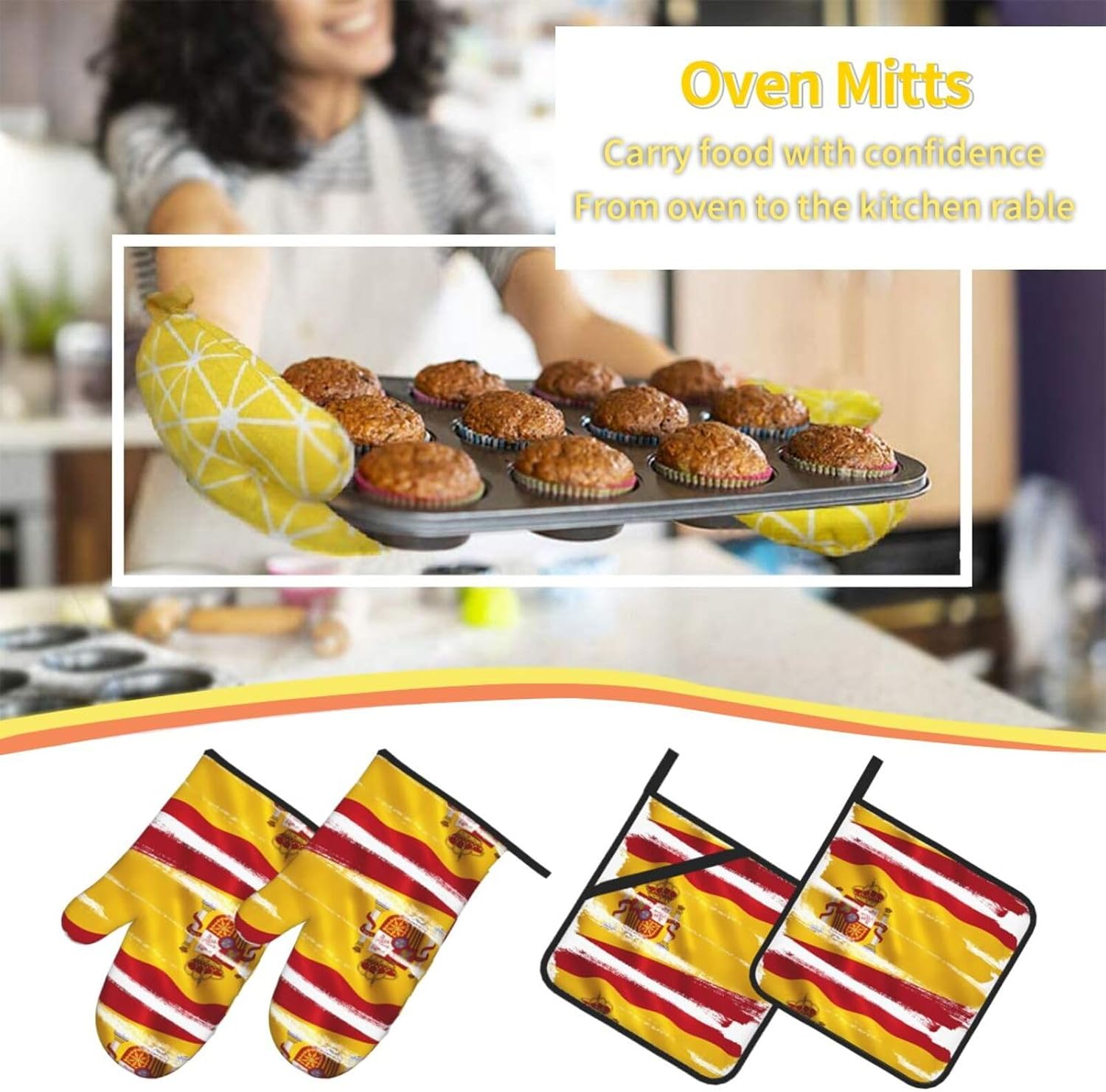 Spain Flag Prints Kitchen Covers: Waterproof Oven Layers for Safe Cooking & Easy Cleanup - 4 Piece Heat Protection Set