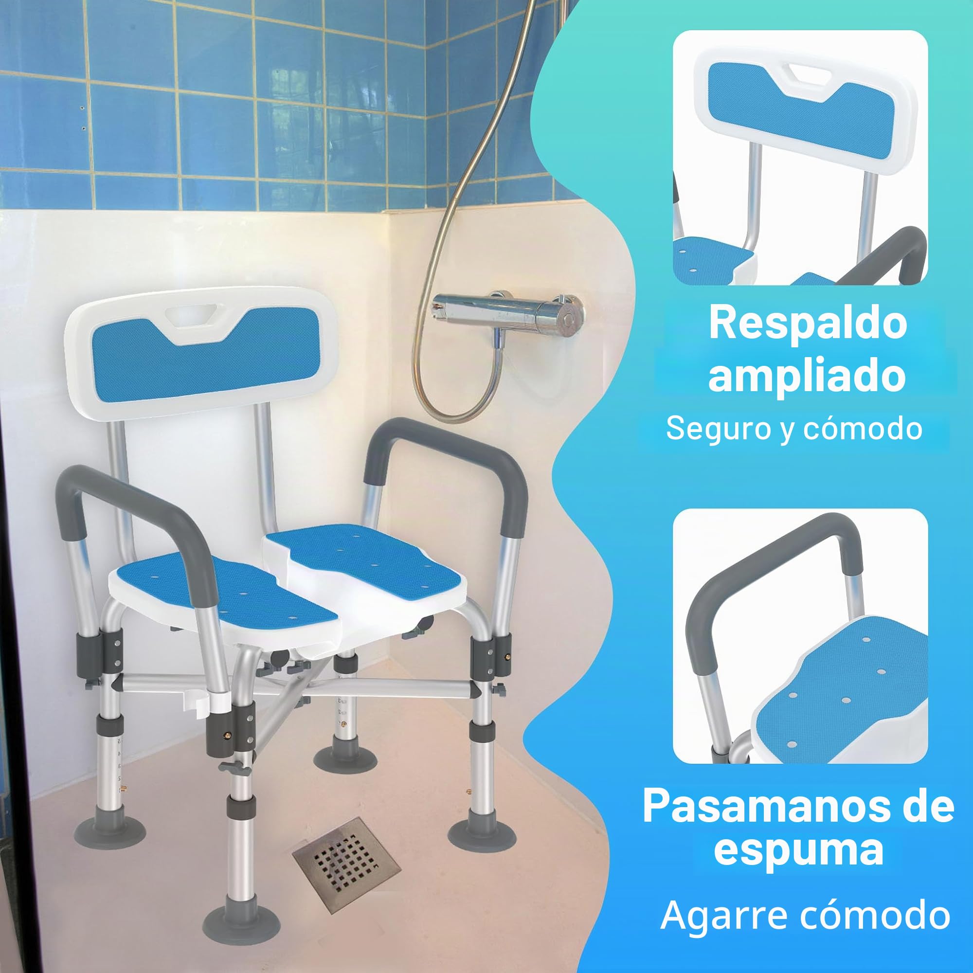 LARS360 Silla de Ducha para Personas Mayores, Taburete Ajustable en Altura con Corte Higiénico, Respaldo y Reposabrazos, Silla Antideslizante, Capacidad Máxima 200kg