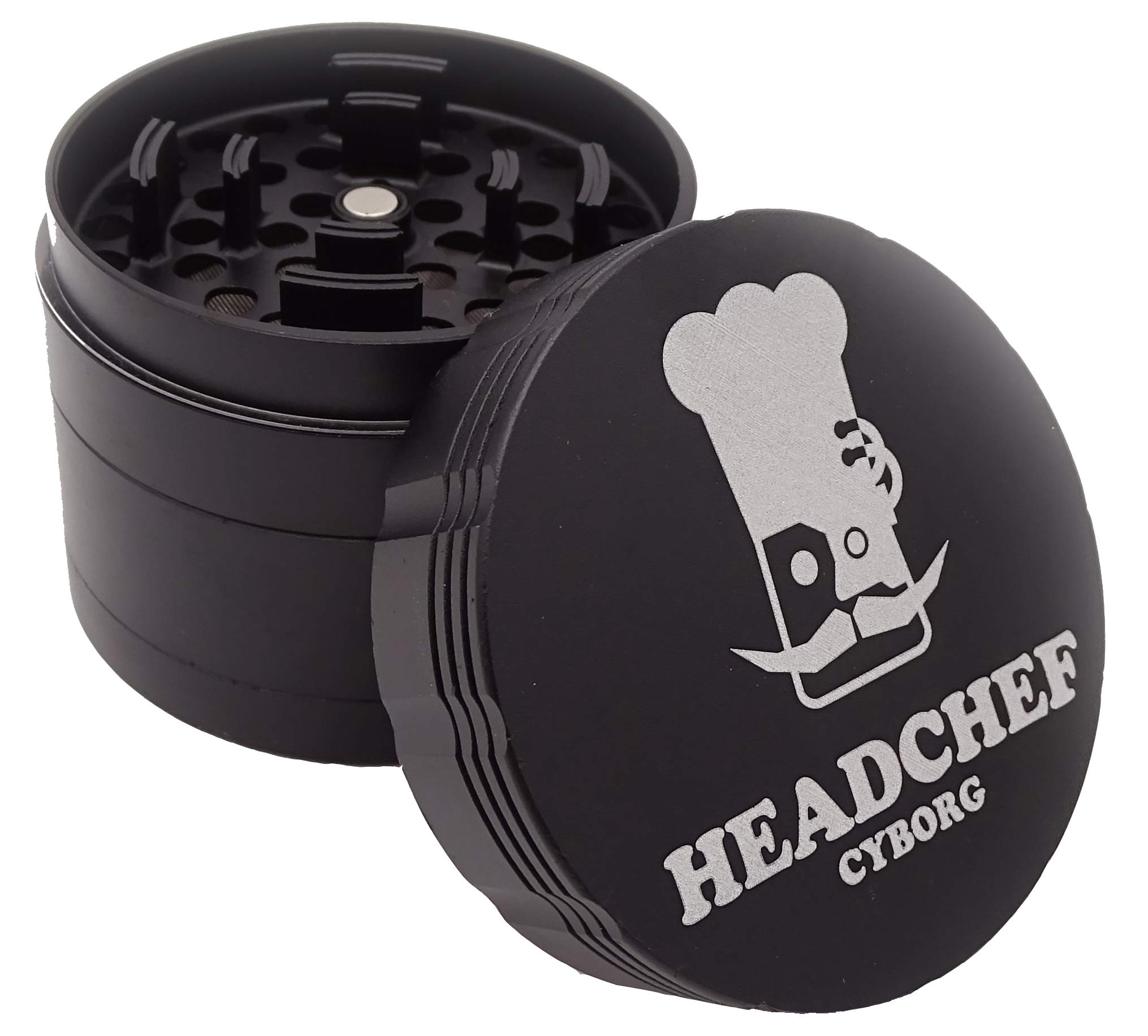 Headchef Cyborg wysokiej jakości metalowy młynek do ziół z wyjmowanym ekranem obrotowym, 4 sztuki młynek 62 mm (karbonowy czarny)