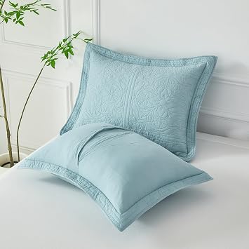 WINLIFE 100% Cotton Quilted Pillow Sham Floral Printed Pillow Cover Standard Size (Baby Blue)