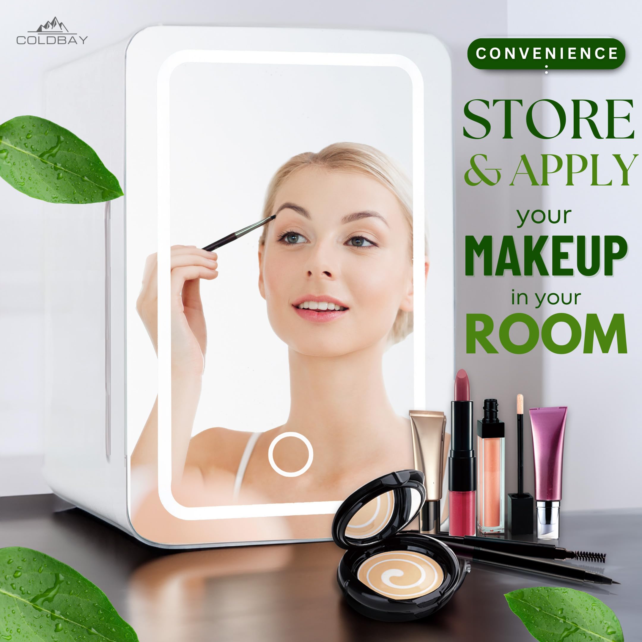 Coldbay Skincare Fridge With Mirror Door, LED Light, Cool And Warm Makeup Vanity Refrigerator For Cosmetic, Drinks, Compact Design For Bedroom Bathroom, Dorm, Ac Cord, Dc Adapter For Car on Fridge.com - View 2
