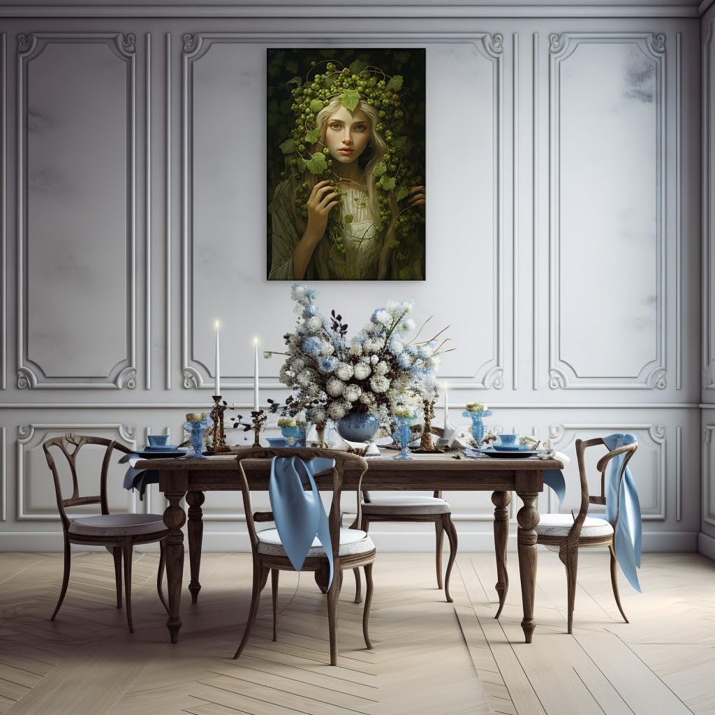 Canvas for Living room. Enigmatic Beauty Amidst the Vine: Unveiling the Dreamy Essence of the Grapevine Goddess, 27 x 18 inch Canvas Wall Art - Contemporary Masterpieces - Inspirational Office Decor