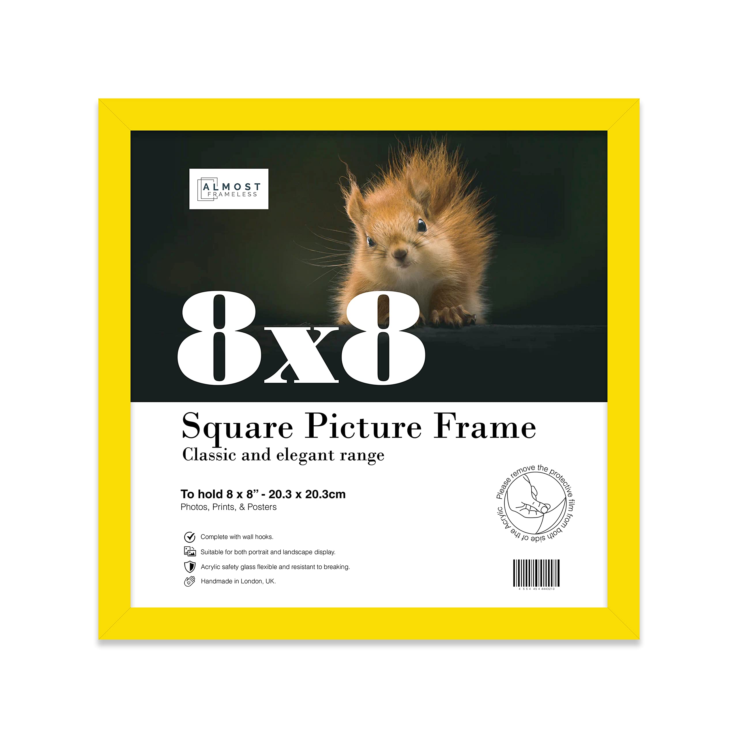 8x8 Inch Yellow Square Thin Photo Frame Wall Mountable and Freestanding Thin Picture Frame Standard Square Photograph Size, 8" X 8"(20.3 X 20.3cm)