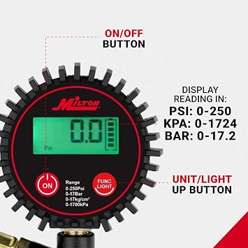 Milton 507KIT Digital Tire Inflator Car Accessories w/Accurate Air Tire Pressure Gauge, 14 Rubber Air Hose 250 PSI, Brass Lock-On Clip Air Chuck and Compressor Accessories