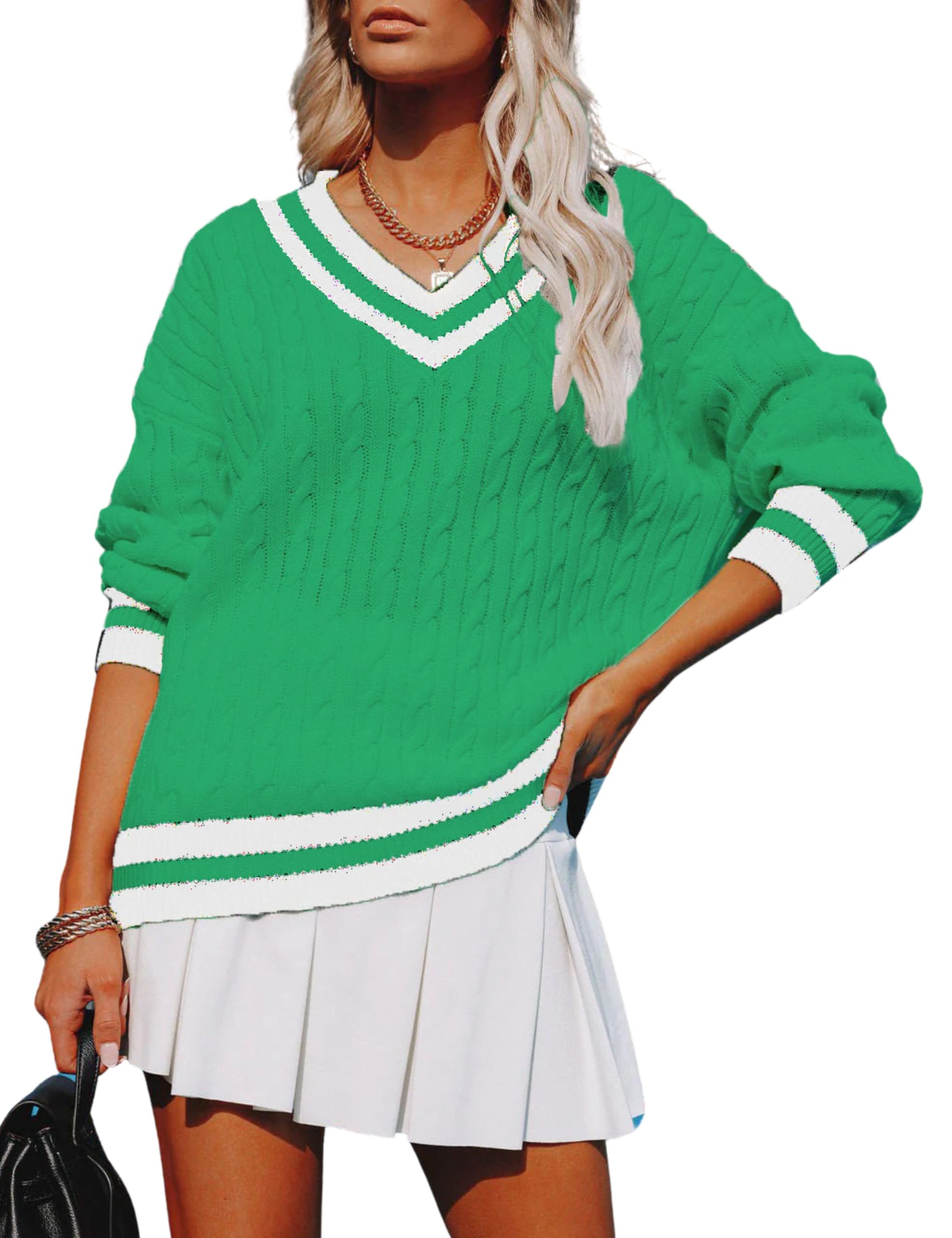 InterNos Women's Casual V Neck Long Sleeve Sweater Trendy Striped Pullover Cable Knit Preppy Sweaters