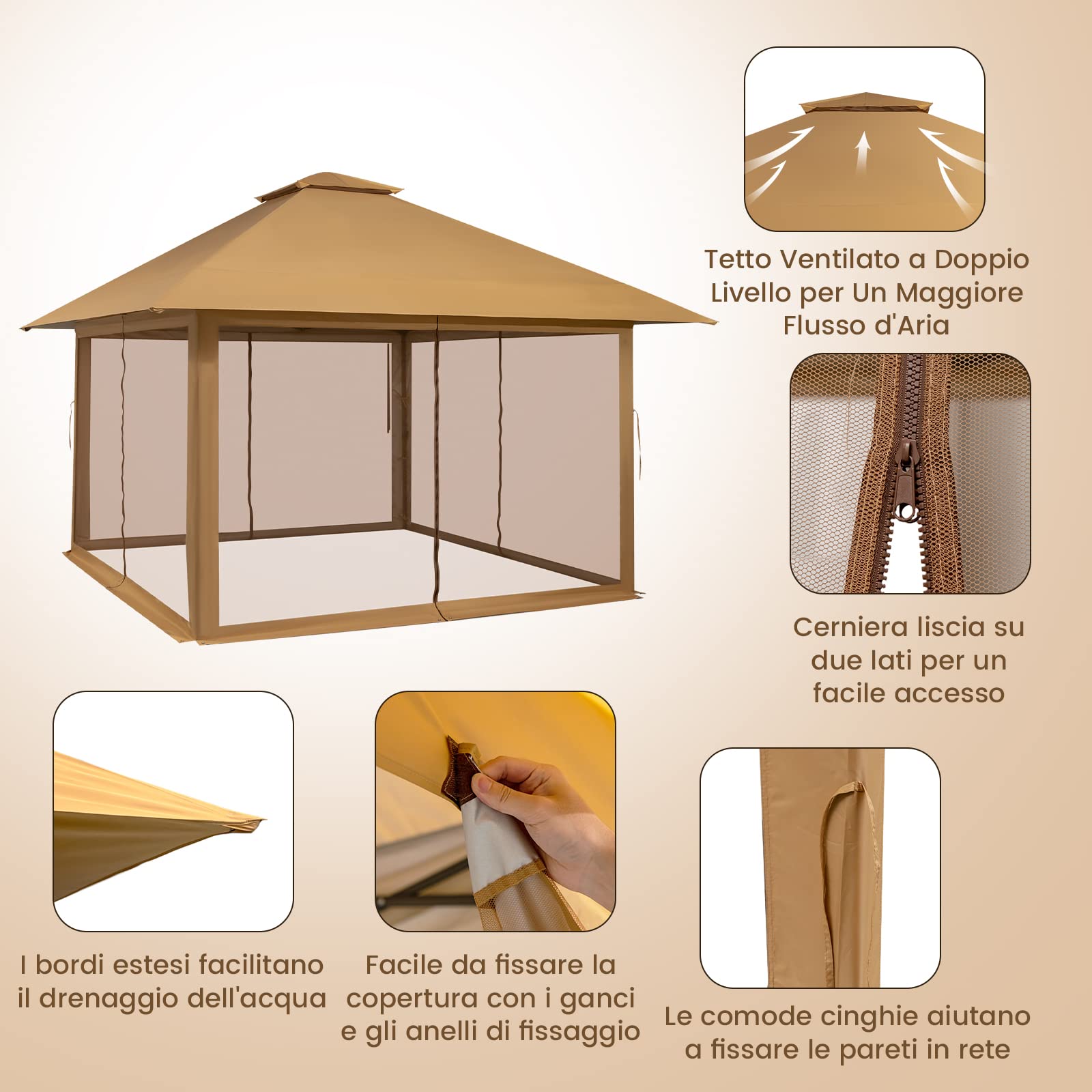 COSTWAY Gazebo Pieghevole da Giardino 4 x 4 m, Altezza Regolabile, Gazebo Pop-up con Zanzariera, Borsa di Trasporto, Doppio Tetto Ventilato e per Giardino Patio e Cortile (Cachi)