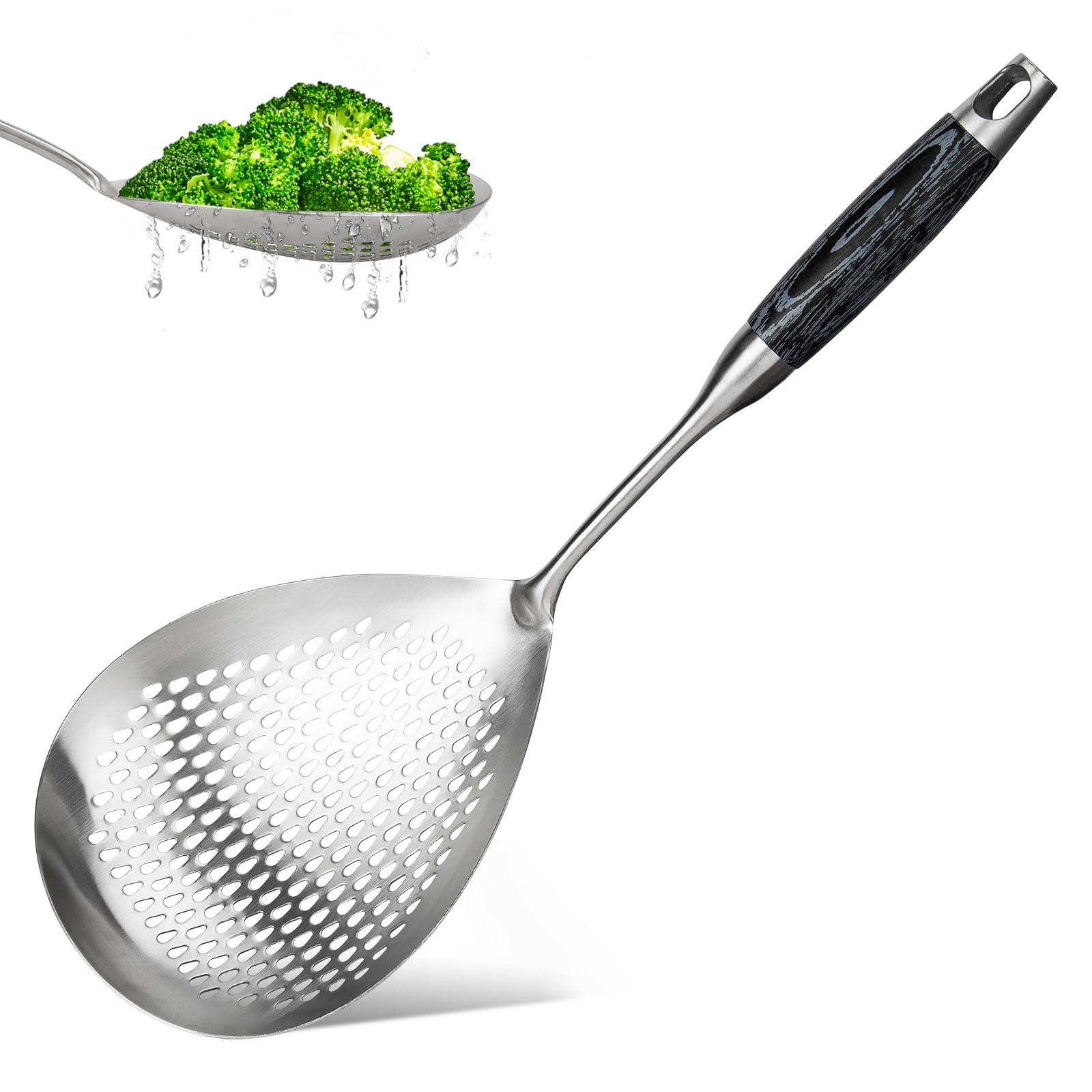 Skimmer Slotted Spoon, Length 16.3 Inches Diameter 7.4 Inches Pasta Strainer/Frying Spoon for Kitchen and Colander, Stainless Steel Ladle/oil strainer for Cooking with Black Wooden Handle