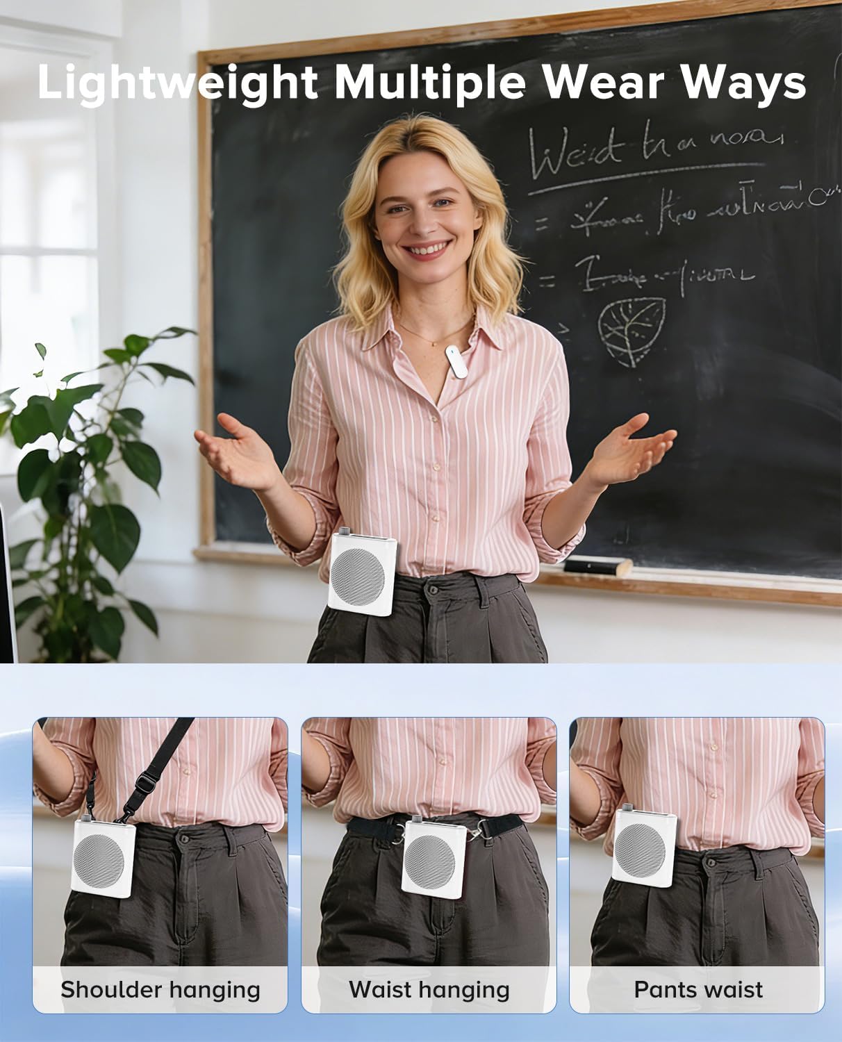 Voice Amplifier for Teachers with Dual Magnetic Wireless Lavalier Microphones & Noise Reduction - Bluetooth Portable Rechargeable Speaker for Classroom, Meetings, Yoga, Speeches (White)