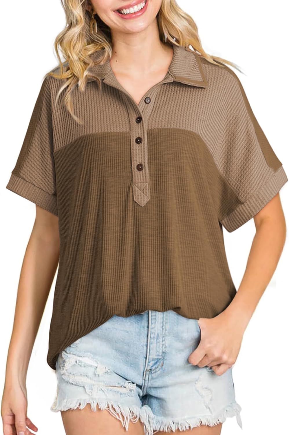 Dokotoo Women's Summer Tops Color Block Short Sleeve V Neck Knit Casual Loose Pullover Tops Shirts