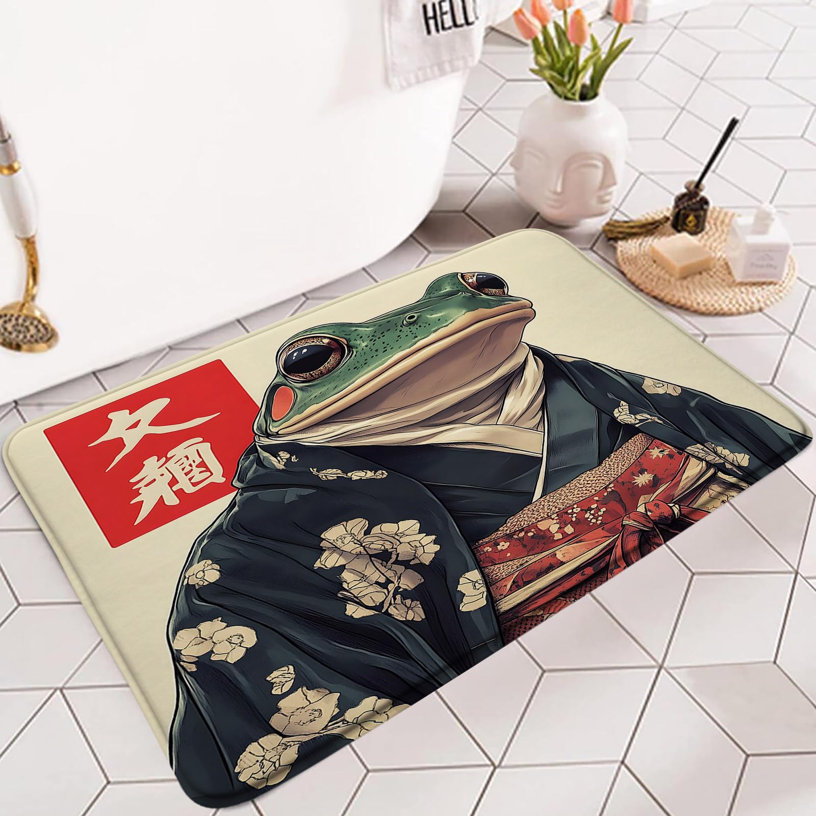 RDRUVA Funny Frog Bath Mat Japanese Wildlife Vintage Asian Abstract Art Bathroom Rug Kitchen Decor