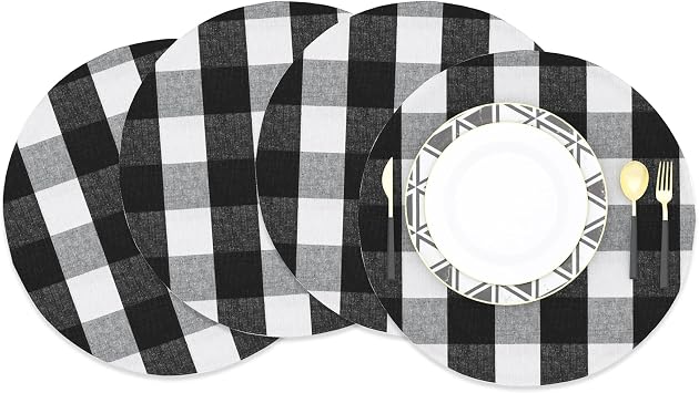 Black & White Cotton Buffalo Check Round Placemat, Set of 4, 15 Inch eco-Friendly Fabric Handcrafted Machine Washable Indoor & Outdoor Tablemat