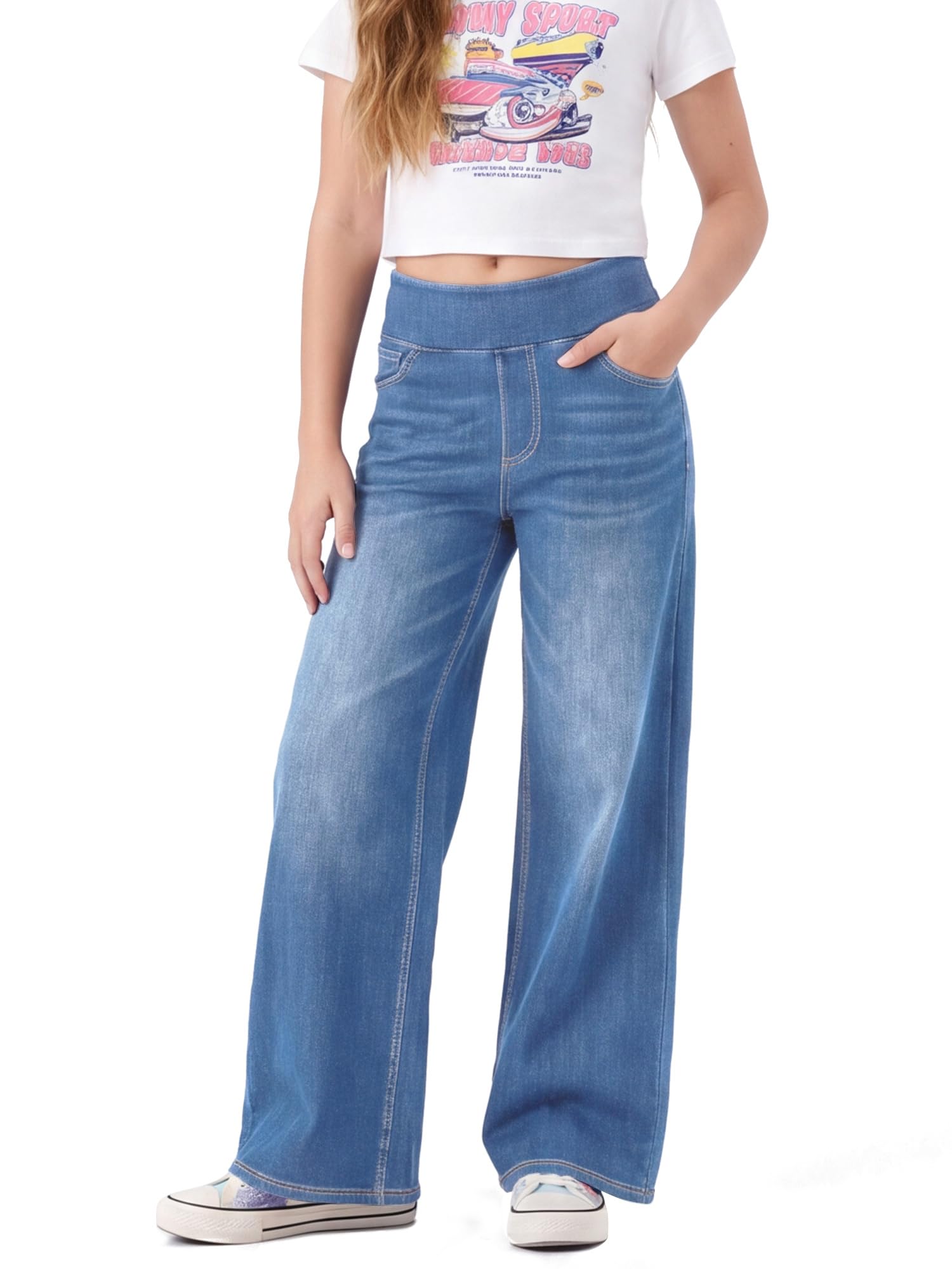 LaiEr Mädchen Jeans,Weite Bein Denim hochtaillierte lockere Passform,dehnbarer weicher Denim-Stoff,mit Mehreren Taschen,lässige gerade Weite Form,Y2K-Style,Skate-Style,für Alter 5–14 Jahre