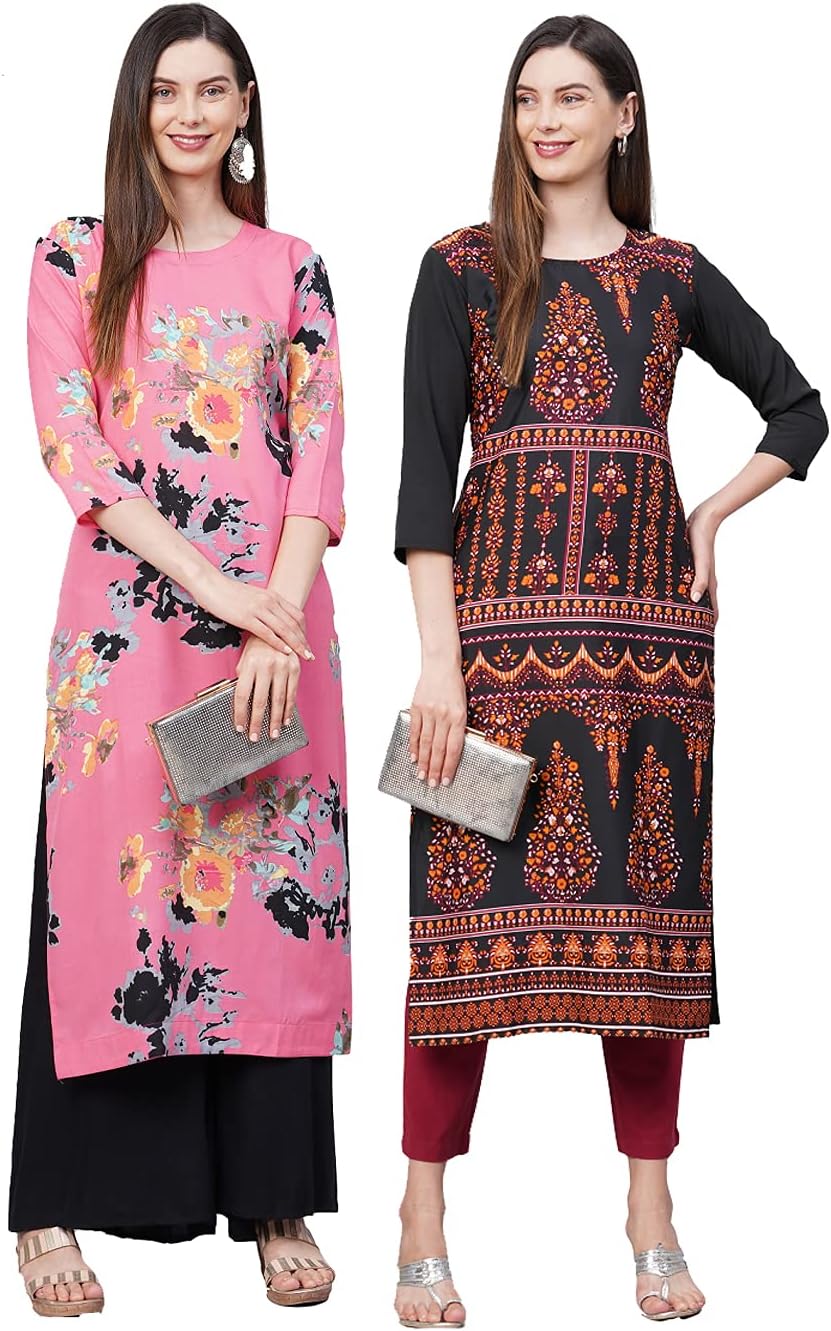 GoSriKi Women's Crepe Straight Printed Kurta Pack of 2 (Crepe Combo-123-Go)