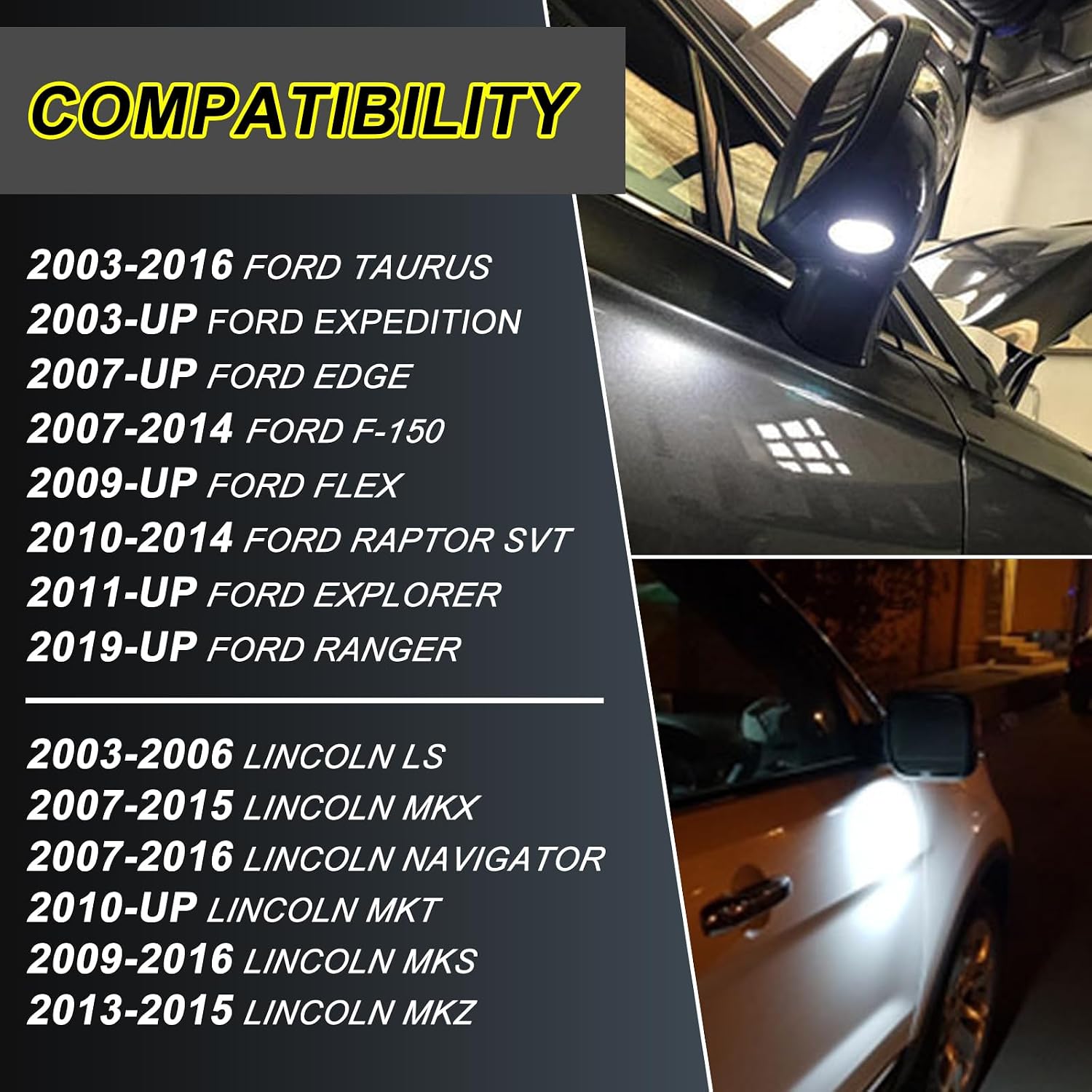 2PCS LED Side Mirror Puddle Lights Assembly Compatible with Ford F150 Explorer Edge Expedition Taurus X Flex Fusion, 18 SMD LED Lights, 6000K, White