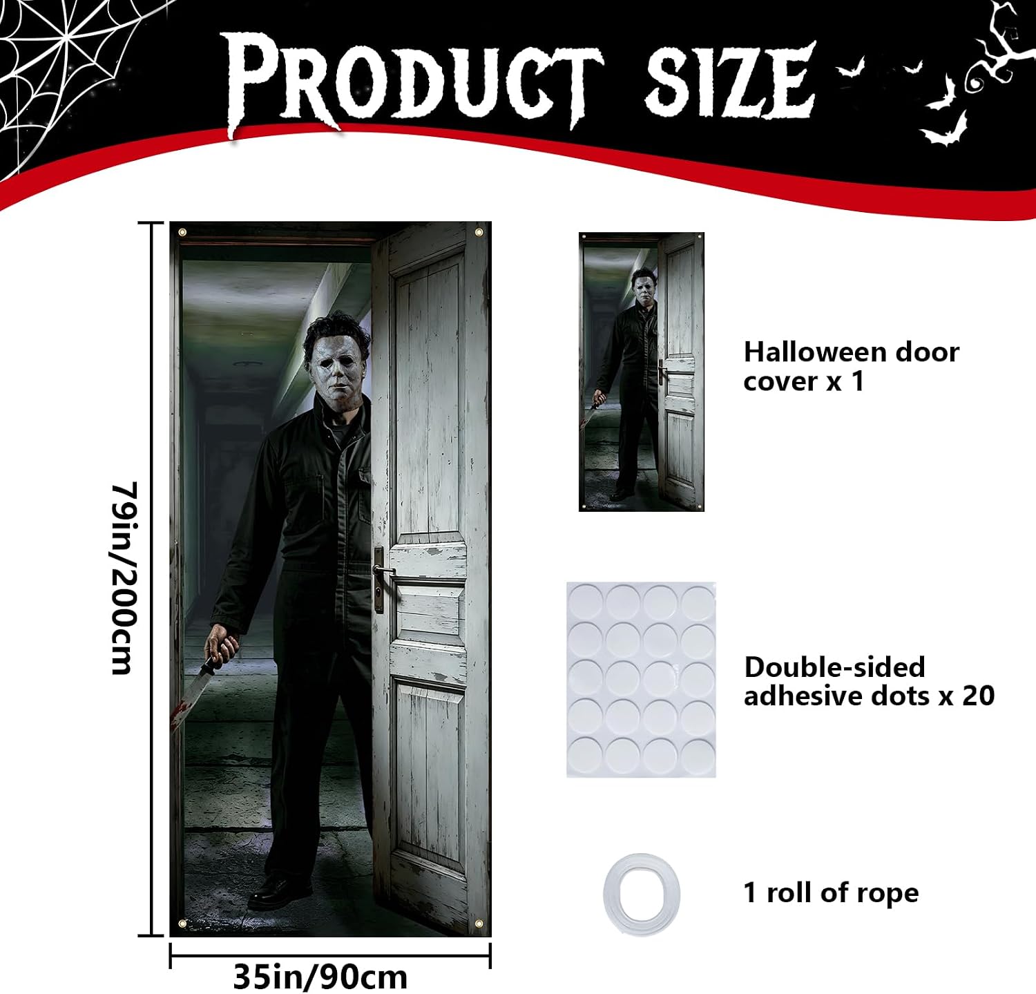 Scary Killer Halloween Door Cover: 79" x 35" Horror Movie Killer Front Door Banner, Spooky Indoor Outdoor Halloween Poster Wall Art Decor for Haunted House Home Office Holiday Party Supplies image 2