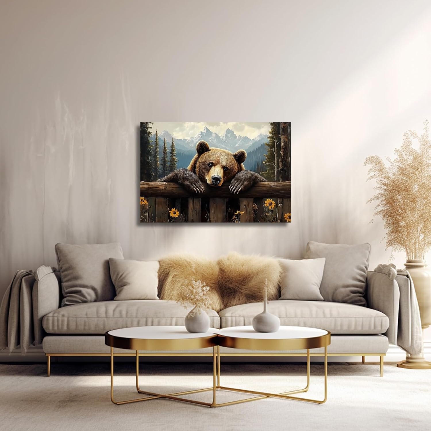 XLMDYYSW Bear Canvas Wall Art Brown Bear Pictures Wall decor Rustic Woodland Wildlife Print Forest Wild Animal Painting for Living Room Bedroom Cabin Framed (12L x 18W)