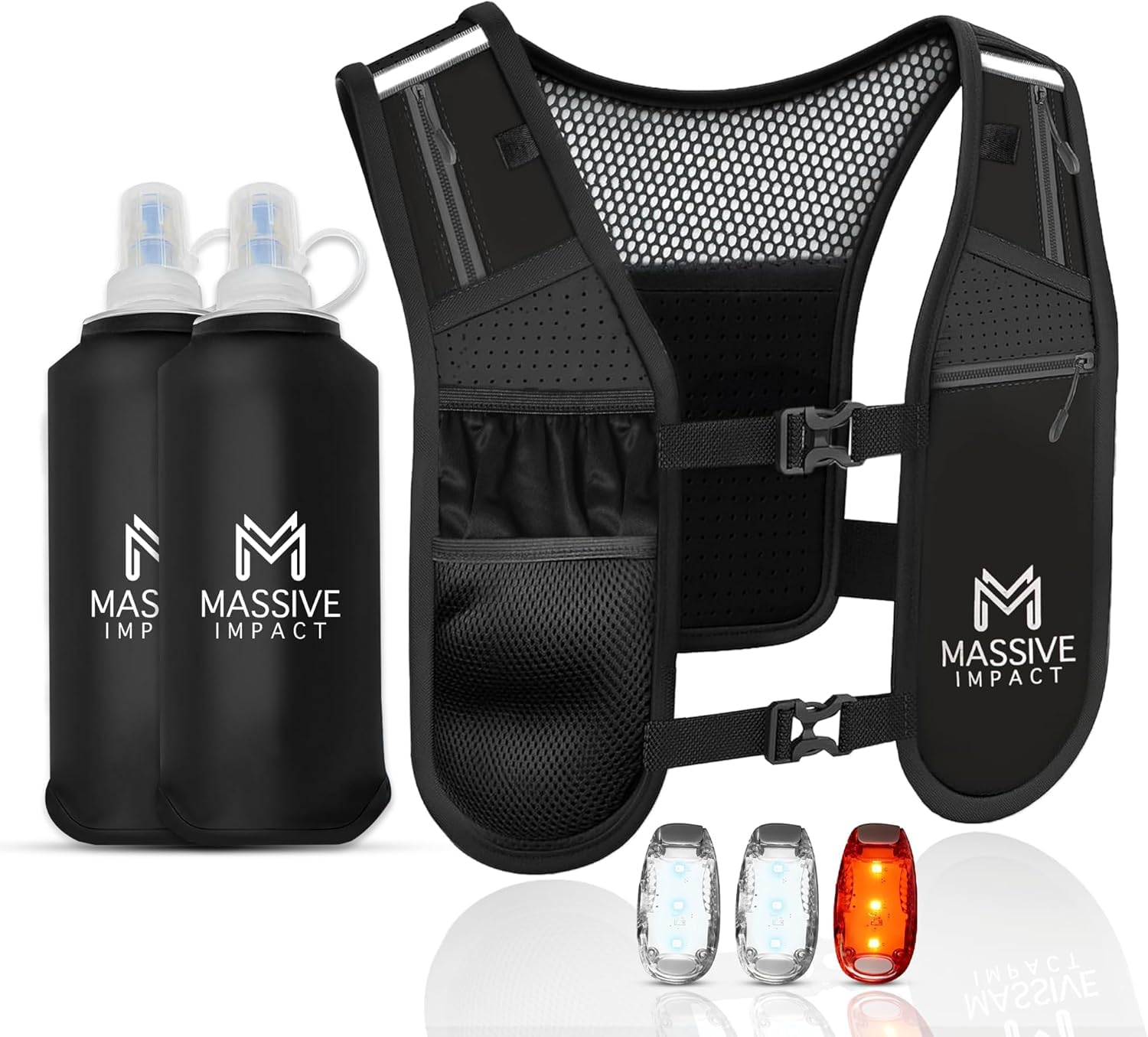 Running Vest with 2 Soft 500ml Water Bottles & 3 Rechargeable LED Lights - Reflective Running Vest for Women & Men, Lightweight Hydration Backpack for Marathon, Jogging & Hiking, Massive Impact