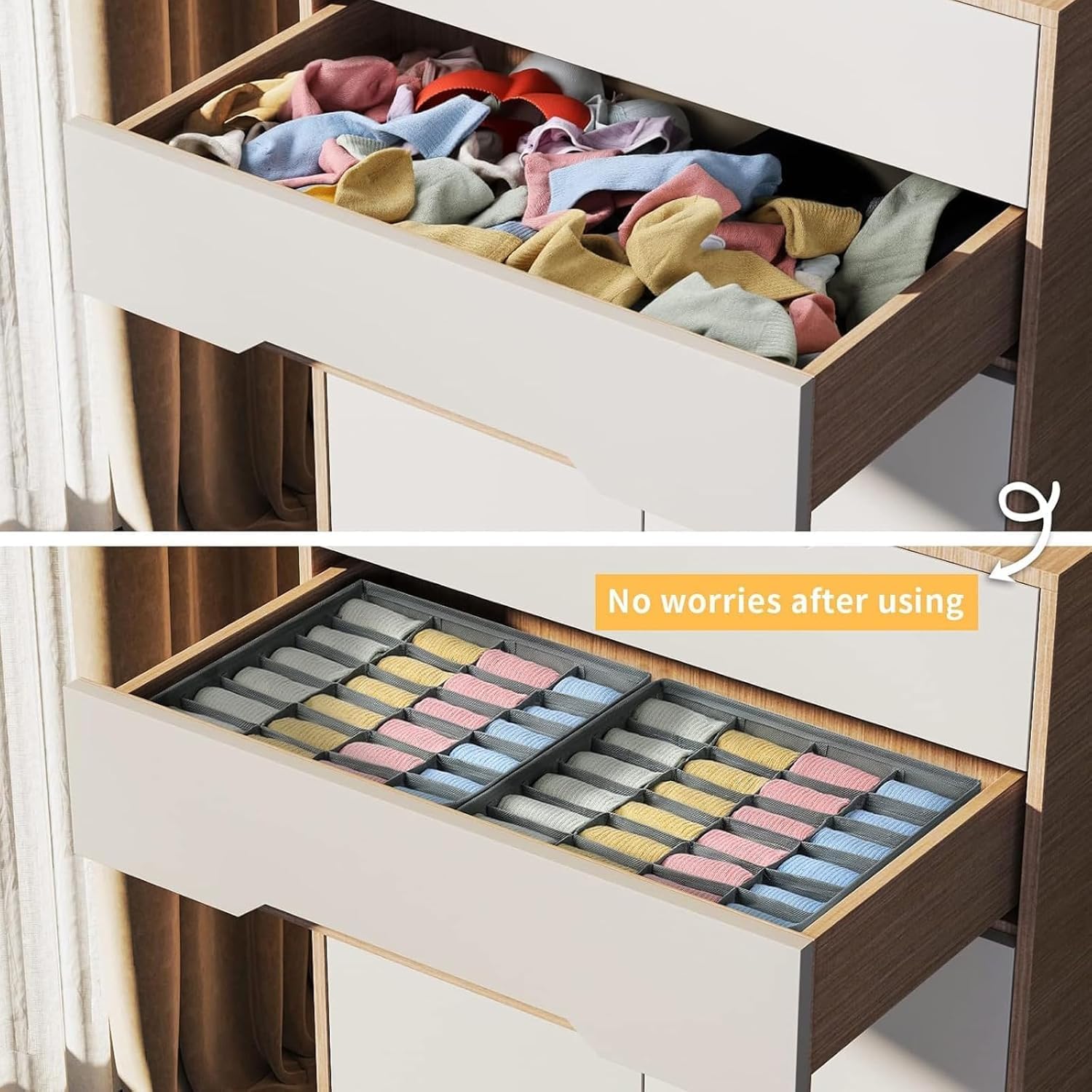 Drawer Organizer 2 Pack 24 Compartments for Socks Bra Underwear Ties - Foldable Mesh Wardrobe Divider Box for Men & Women - Closet Dresser Cabinet Storage - 30x30cm Grey