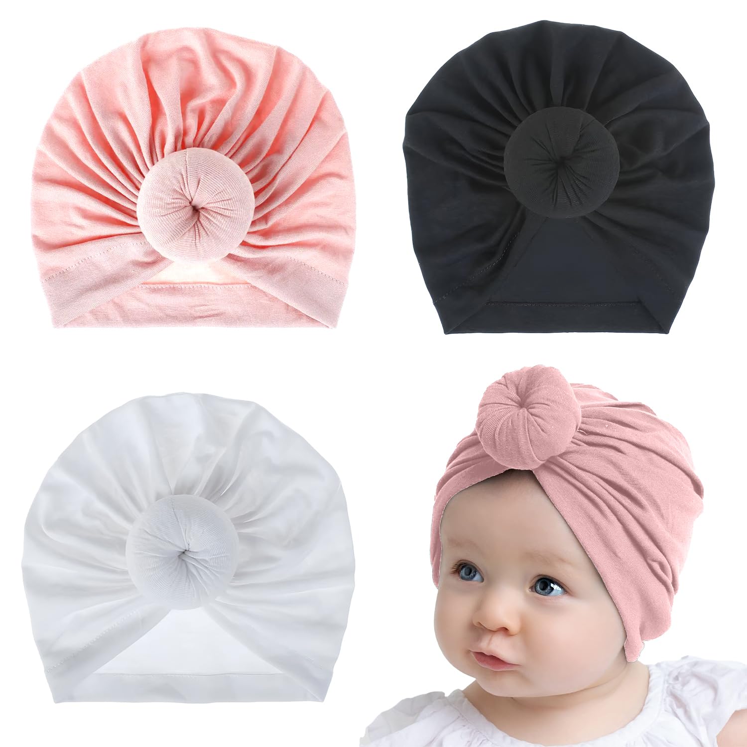 SYGA Pack of 3 Newborn Baby Cap Combo Set, Turban Design, Stretchable Cotton Cap for 0 Months to 4 Years-Unisex (Light Pin... - Review, Price and Buying Guide