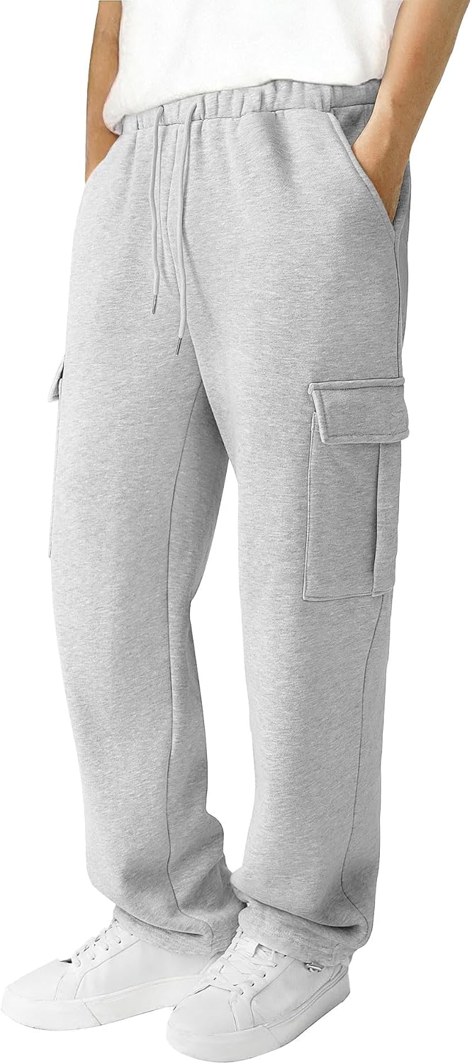 Men's Fleece Cargo Sweatpants Loose Fit Cotton Joggers with 5 Pockets Open Bottom for Gym Hiking Casual Wear