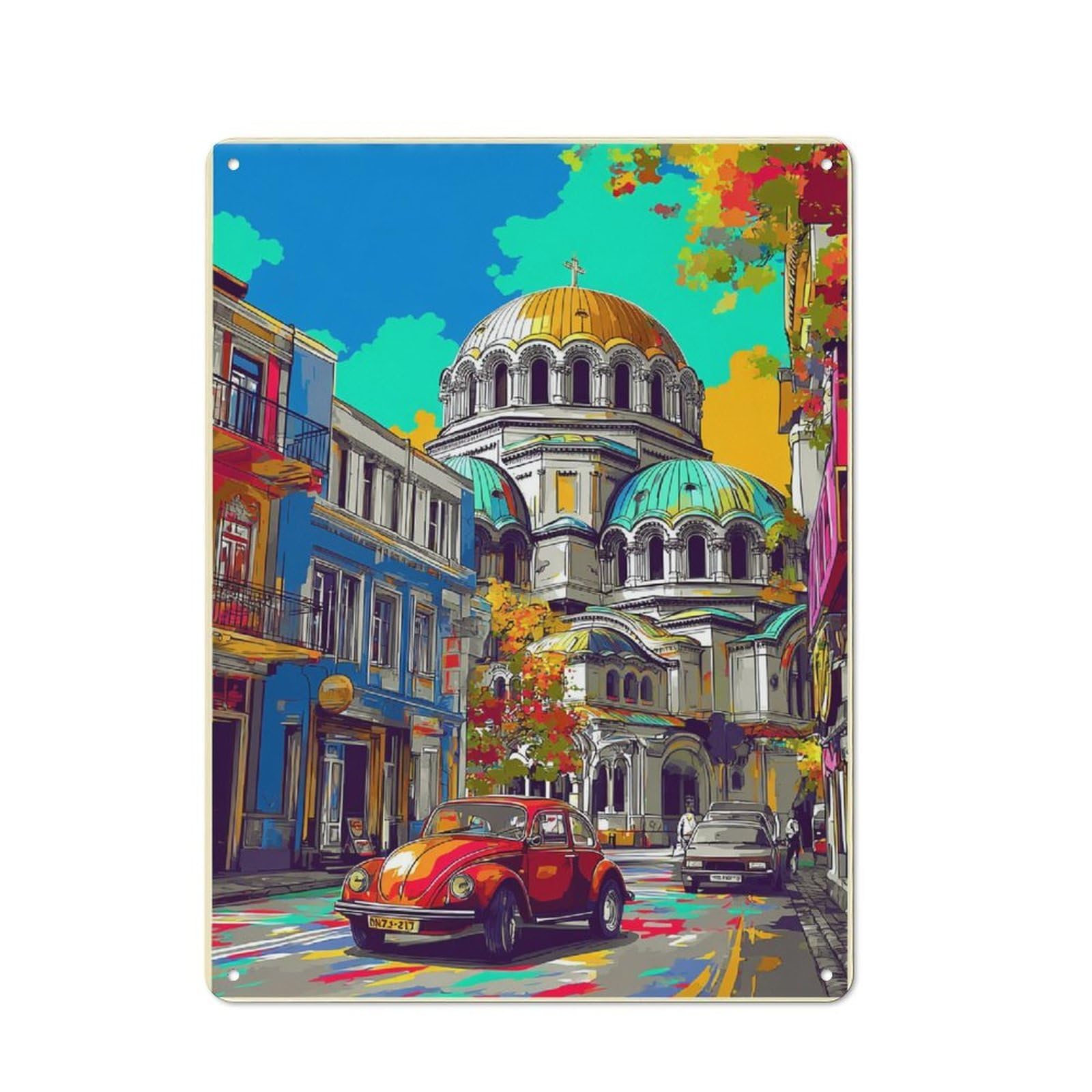 Junmoney Colorful Cityscape With Classic Car Metal Sign 40X30cm With For Home Bar Wall, Vintage Decor, Wall Decoration For Home Bars And Entertaining Spaces