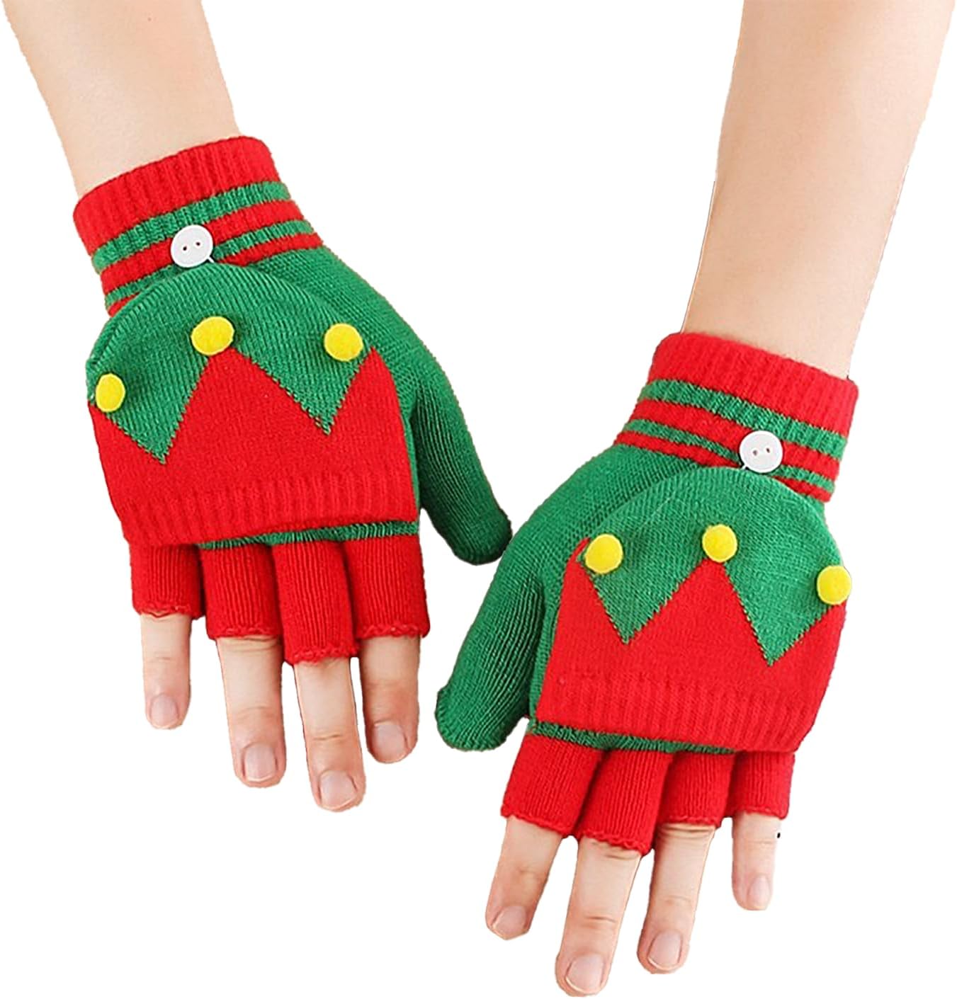 BXT Cute Christmas Kids Winter Gloves Warm Knitted Convertible Fingerless Gloves with Flip for Texting Writing Cold Weather