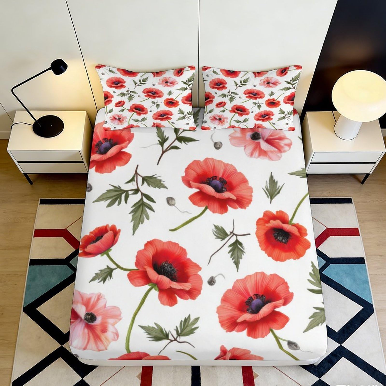 3D Printed Red Poppy Fitted Sheet Microfiber Soft Breathable Floral Bed Cover for Bedroom Dormitory Guest Room Mattress Protection Decor 180x200x25cm